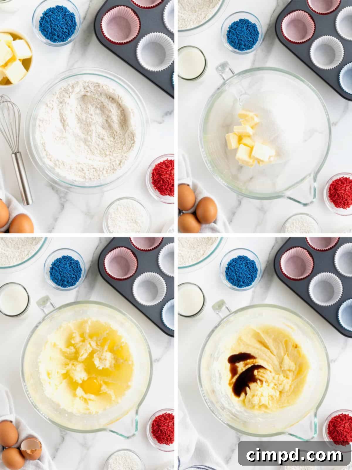 A series of step-by-step images demonstrating the initial stages of making baseball cupcakes, from mixing ingredients to preparing the batter.