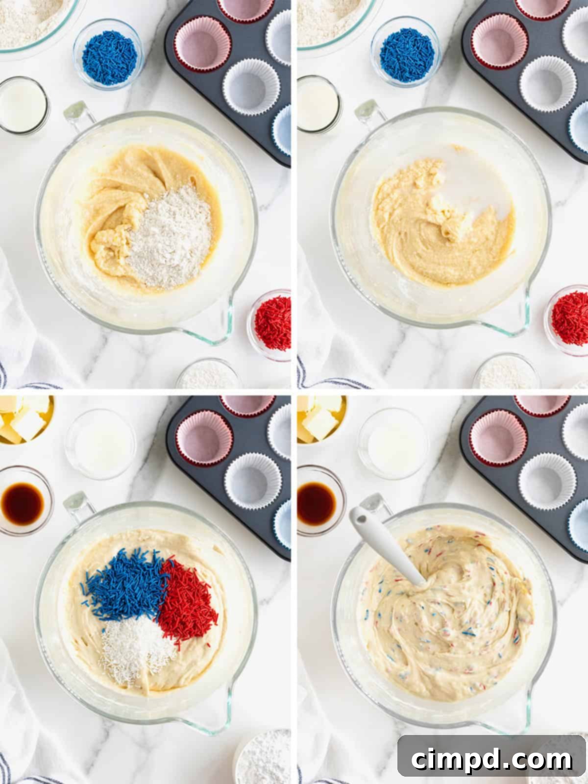 Another sequence of images showing the steps to create baseball cupcakes, focusing on adding sprinkles and preparing to bake.