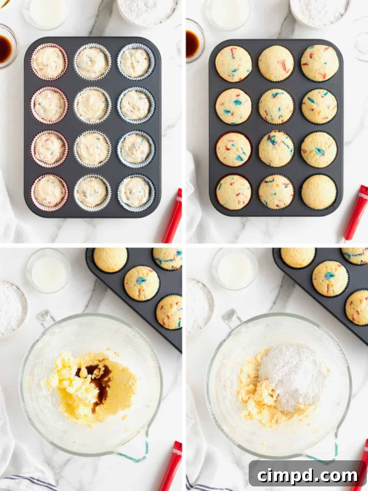 A visual guide showing the final steps of making baseball cupcakes, including frosting preparation.