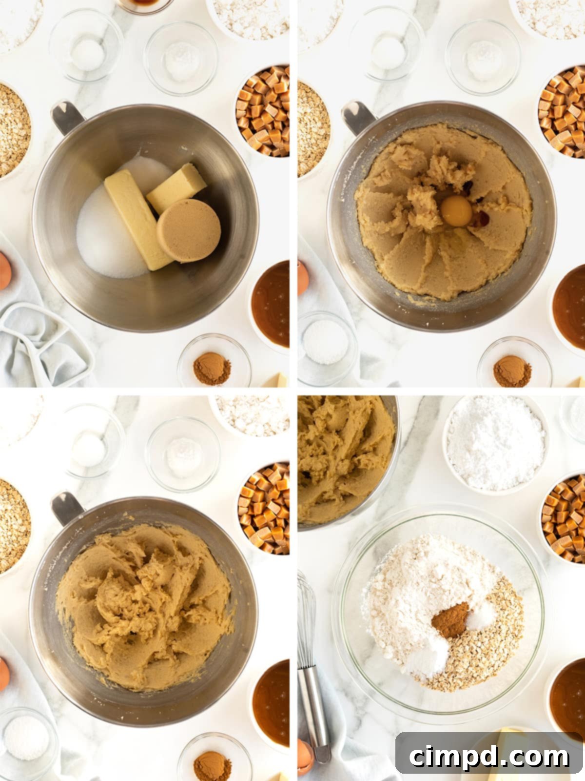 Irresistible Salted Caramel Oatmeal Cream Pies 5 A collage of images illustrating the initial baking steps for salted caramel oatmeal cream pies, including mixing butter and sugars, and combining dry ingredients.