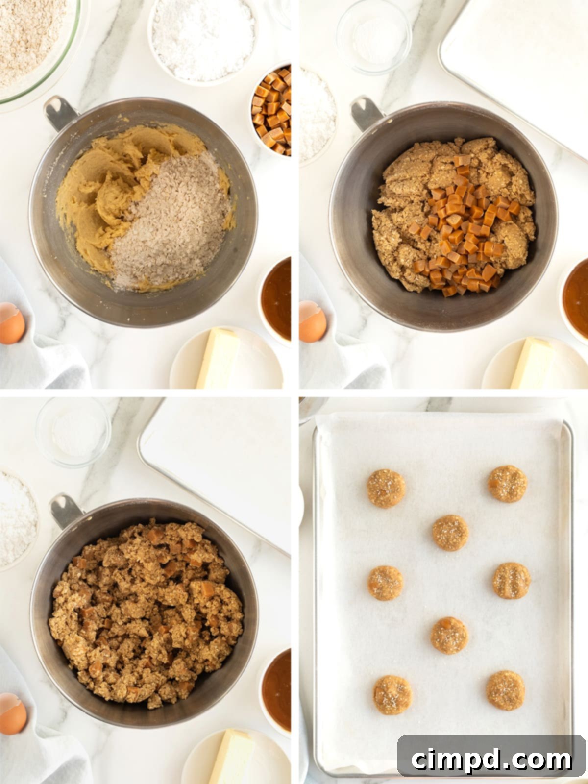 Irresistible Salted Caramel Oatmeal Cream Pies 6 A visual guide showing subsequent steps in making salted caramel oatmeal cream pies, such as scooping dough, flattening cookies, and baking.