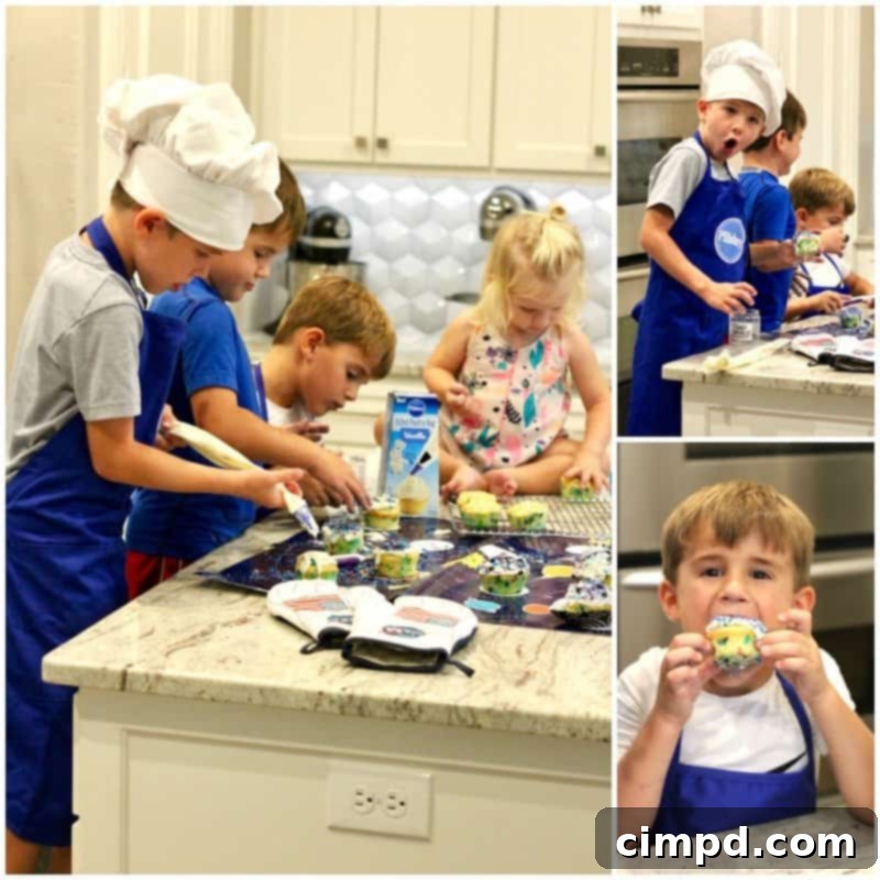 Kids adding ingredients to cupcake batter with Pillsbury products