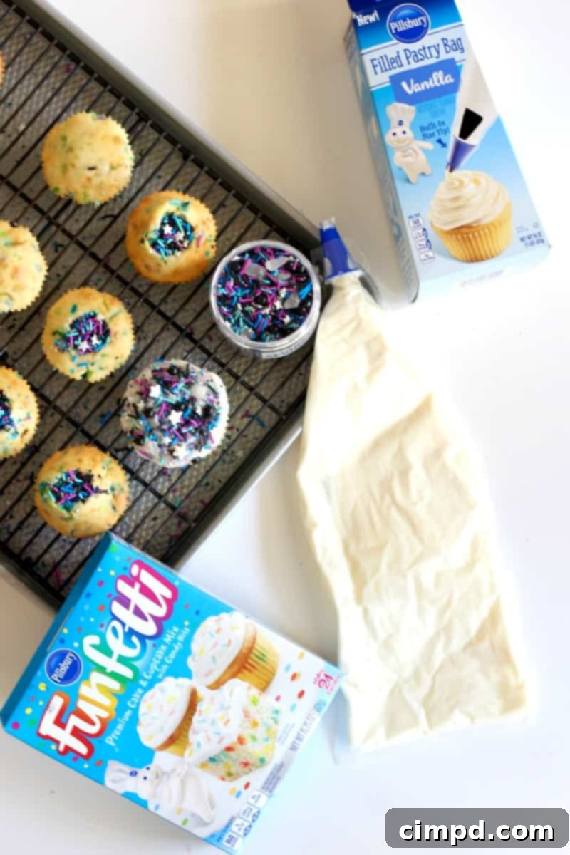Child carefully piping frosting onto a cupcake using a Pillsbury Filled Pastry Bag