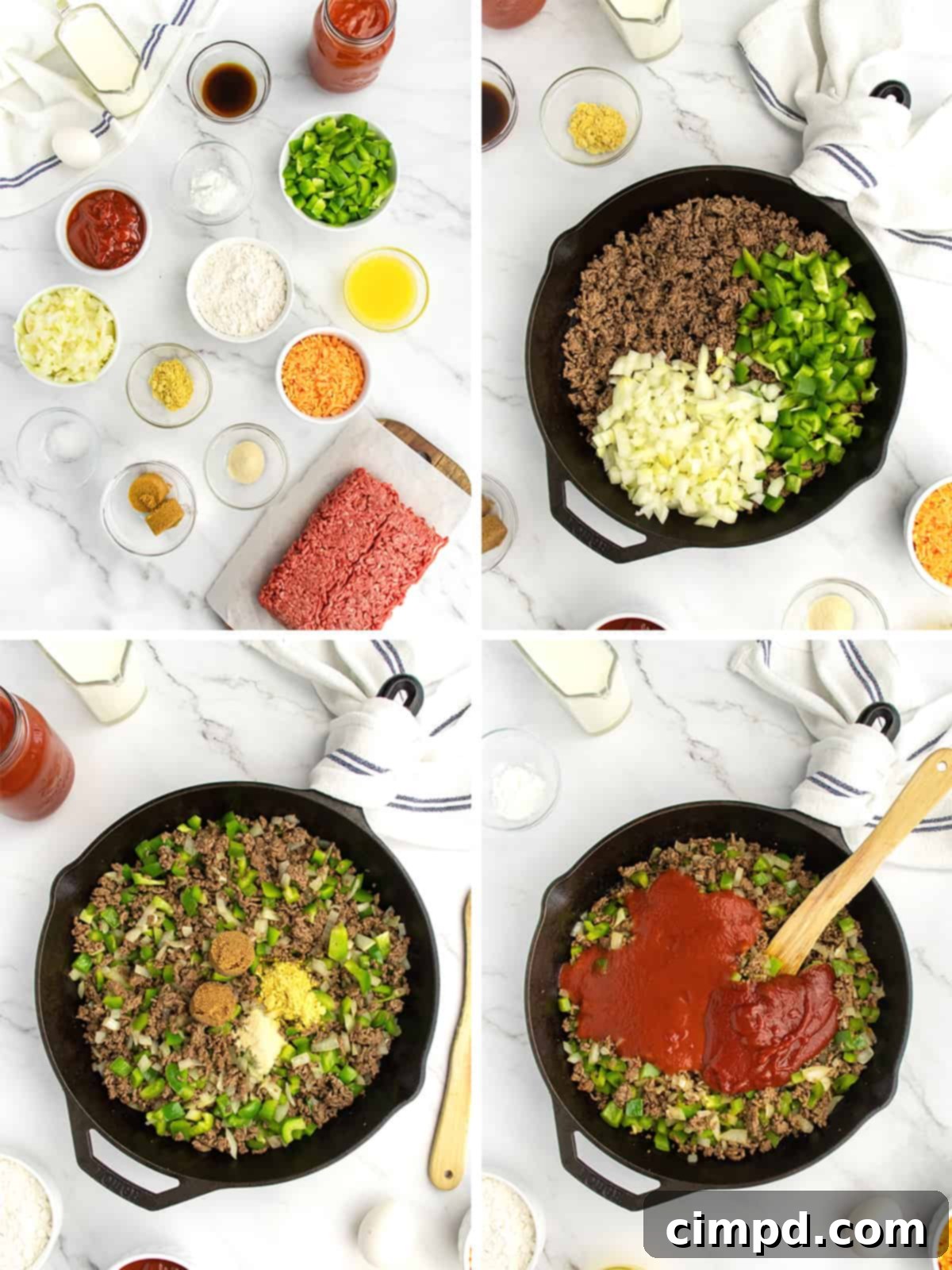 Sloppy Joe Supper Bake 5 Sloppy Joe meat mixture simmering in a skillet with vegetables and sauce, a key step in making the casserole.