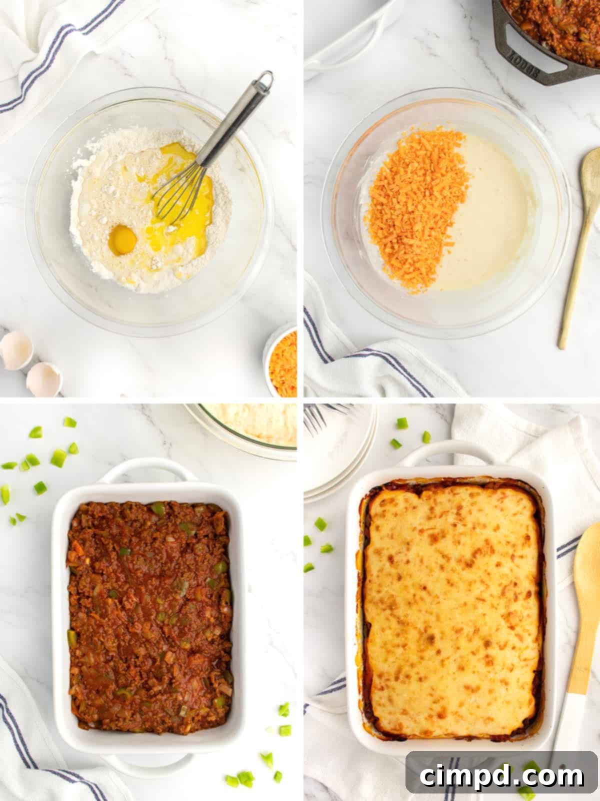 Sloppy Joe Supper Bake 6 A freshly baked Sloppy Joe Casserole with a crispy, golden-brown cheesy crust, ready to be taken out of the oven.