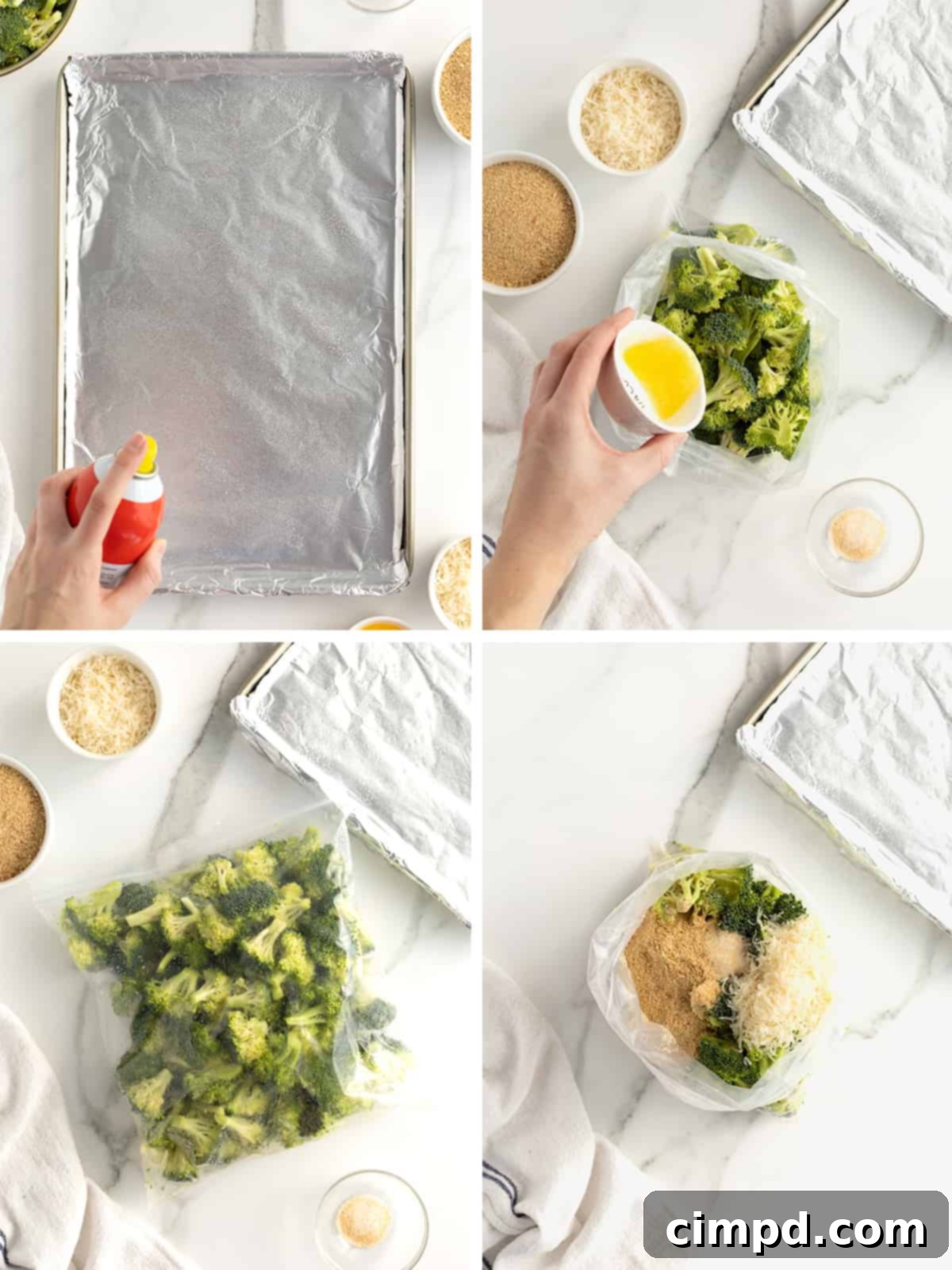 Broccoli being coated for oven frying
