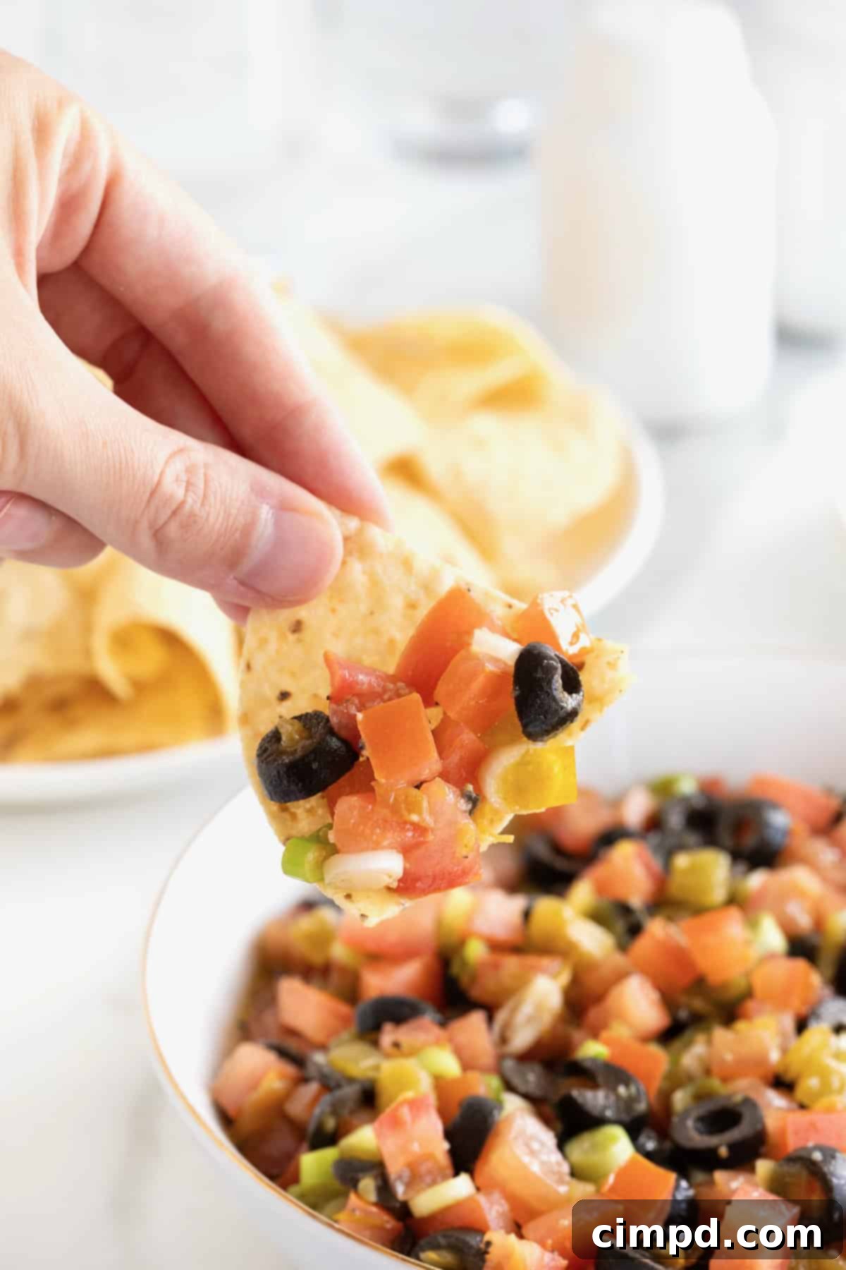 A hand holding a corn chip laden with Harlequin Dip, showcasing the dip's vibrant colors.