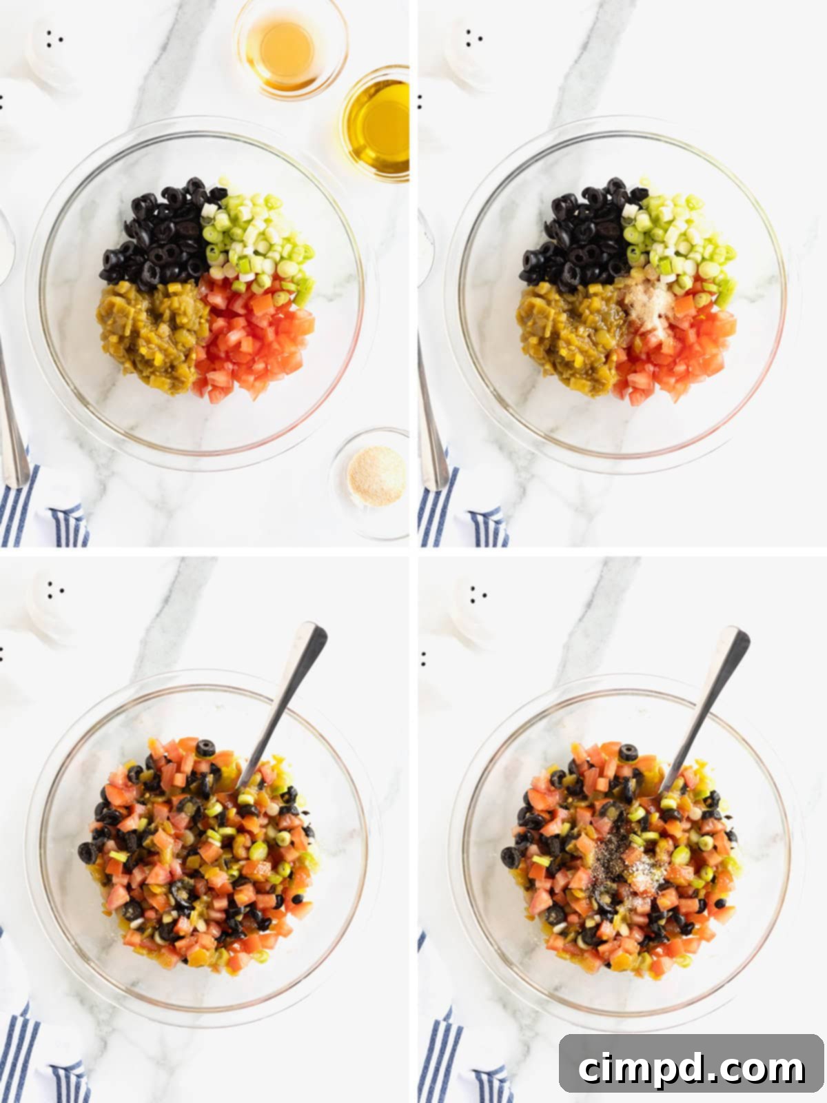 Step-by-step images showing how to combine ingredients for Harlequin Dip.