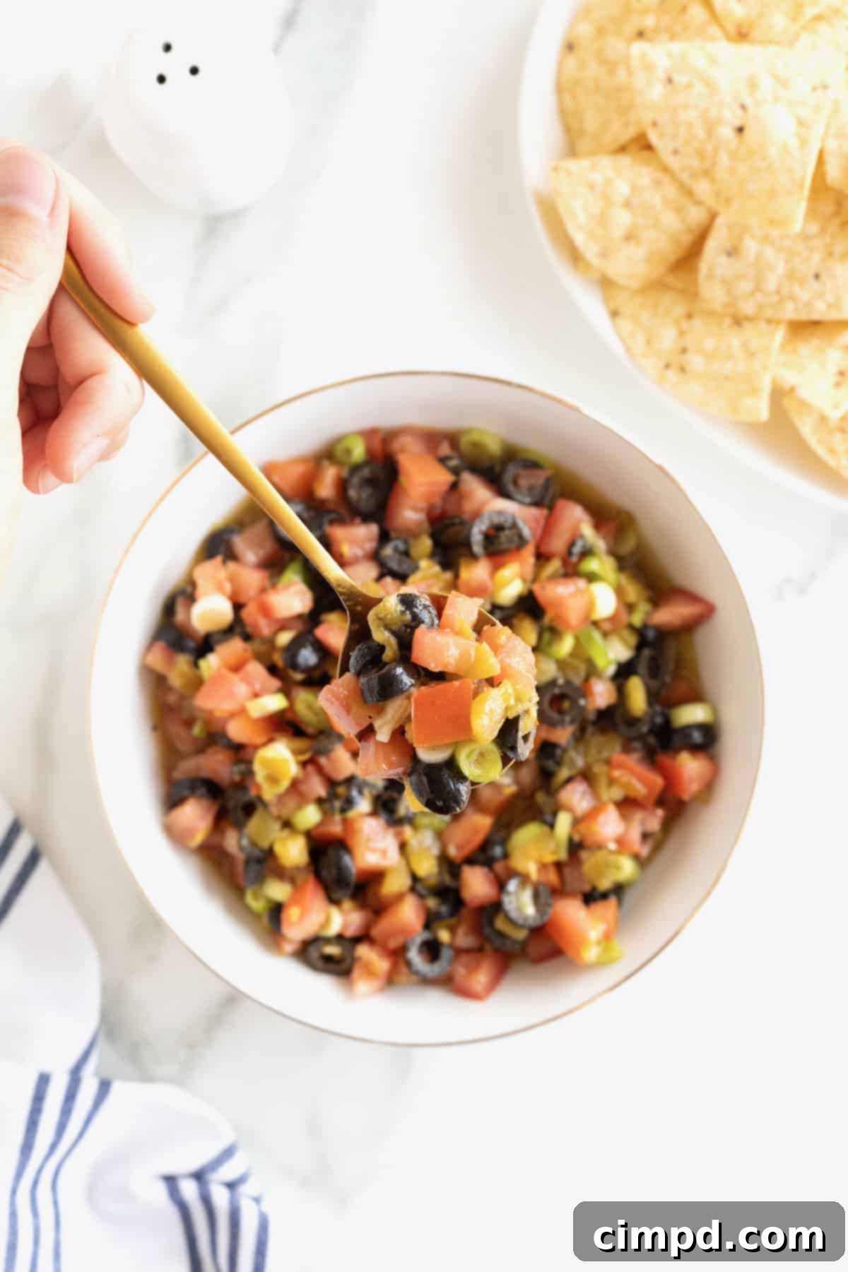 A large glass serving bowl of Harlequin Dip, with a metal spoon, sitting on a counter.