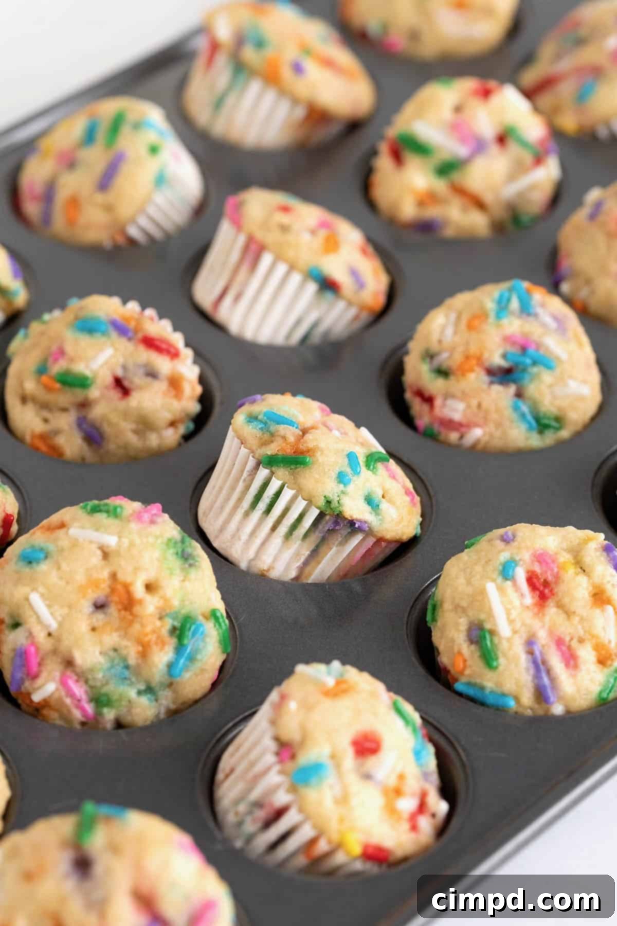 A close-up view of mini muffins with colorful confetti sprinkles, nestled in a dark aluminum mini muffin pan.