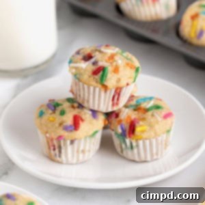 Three birthday breakfast muffins with colorful sprinkles on a white plate.