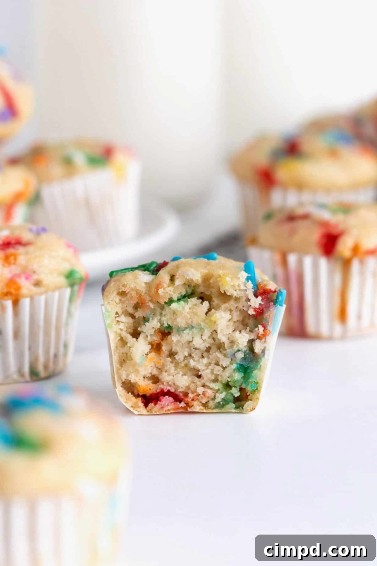 A mini confetti muffin, perfectly cut in half to reveal its tender, sprinkle-filled interior, resting on a white marble counter.