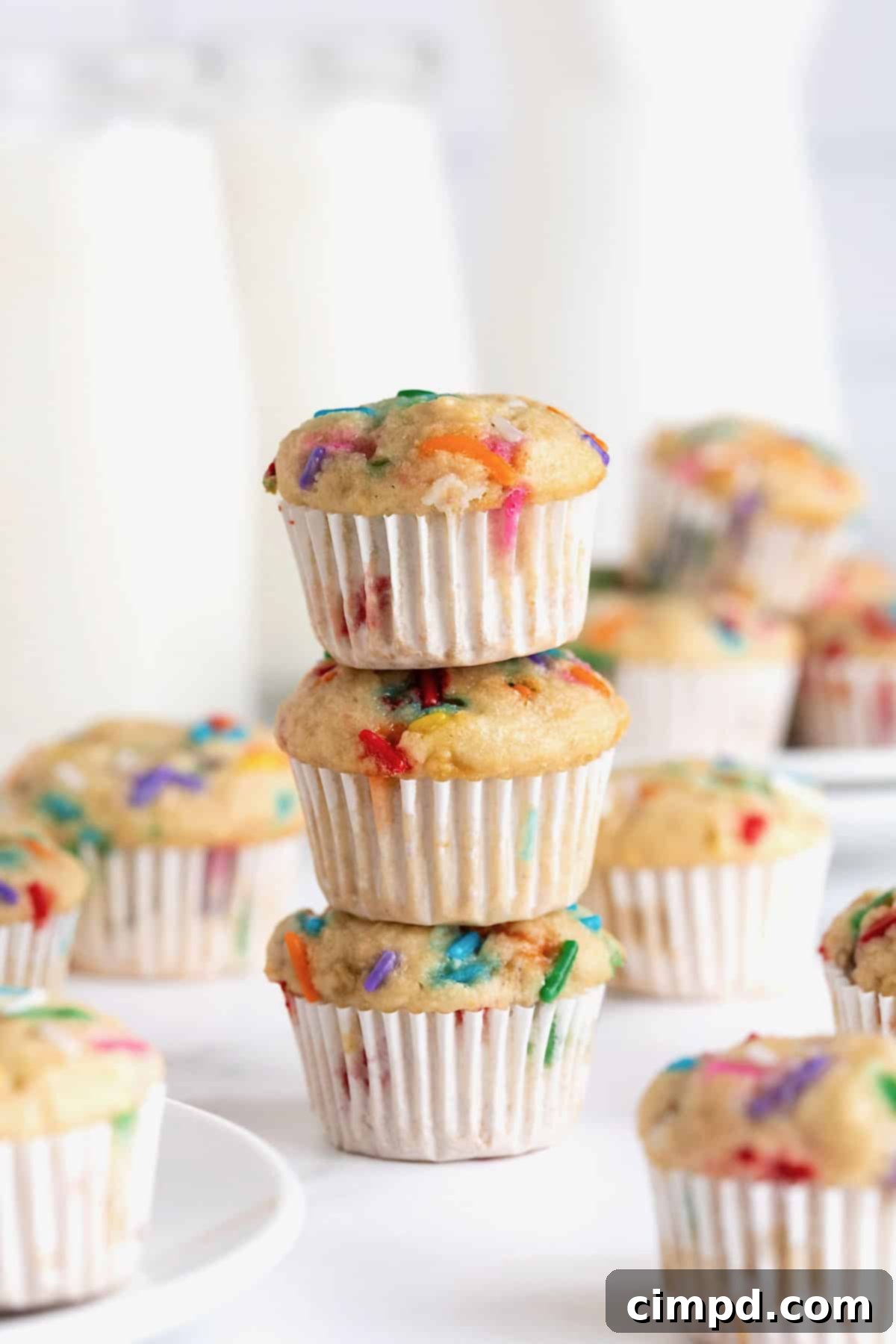 A delightful stack of three colorful confetti mini muffins on a pristine white counter, showcasing their festive appearance.