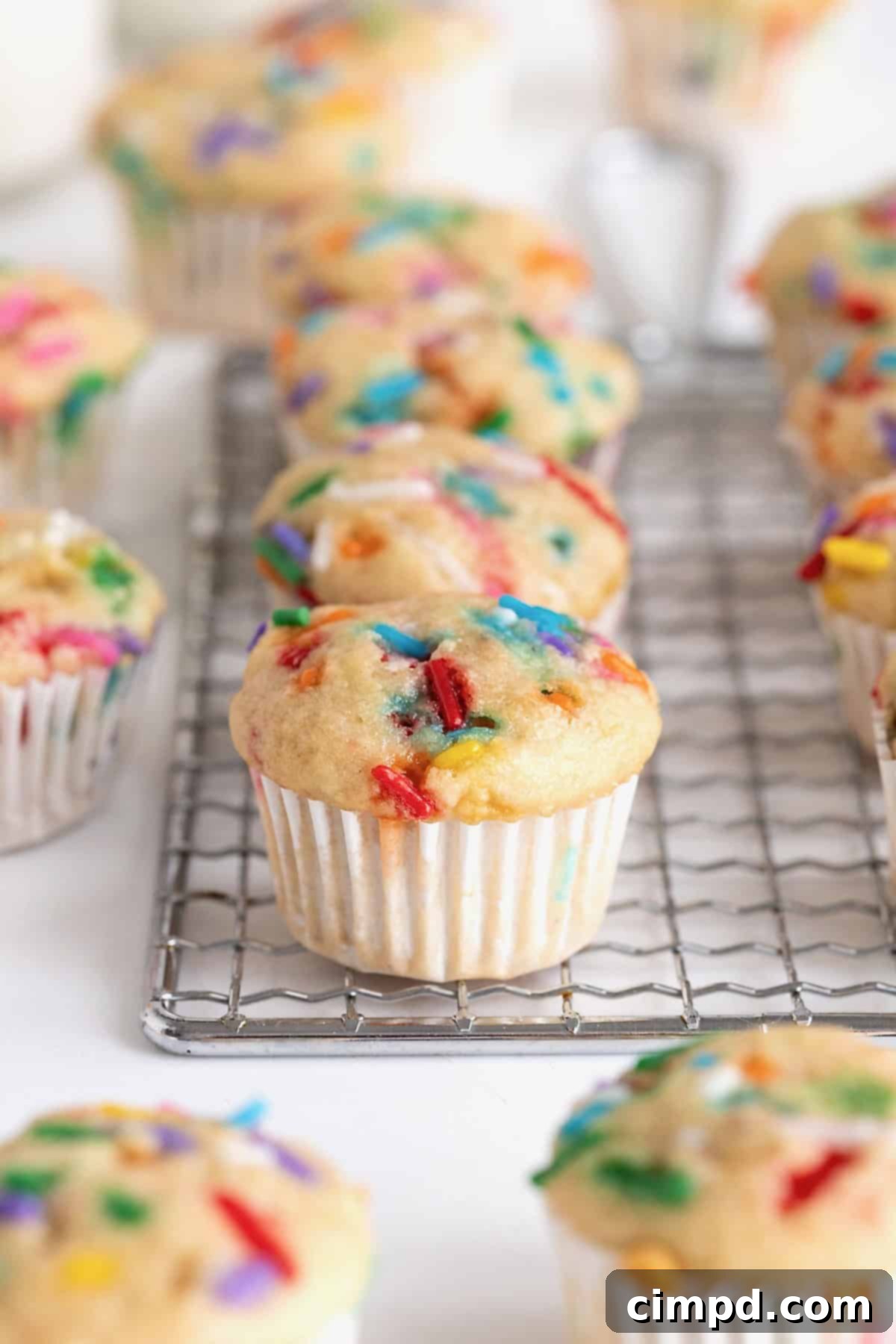 More confetti mini muffins, perfectly baked and cooling on a metal rack, ready for a delicious breakfast.