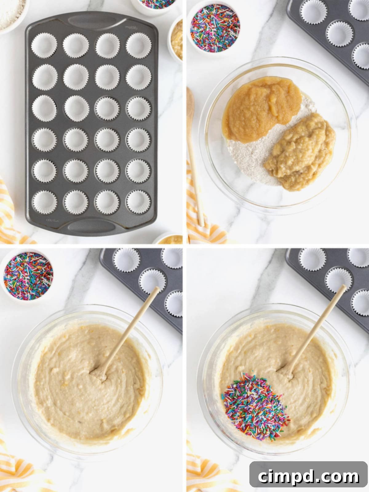 A visual guide showing the steps involved in making delicious birthday breakfast mini muffins.