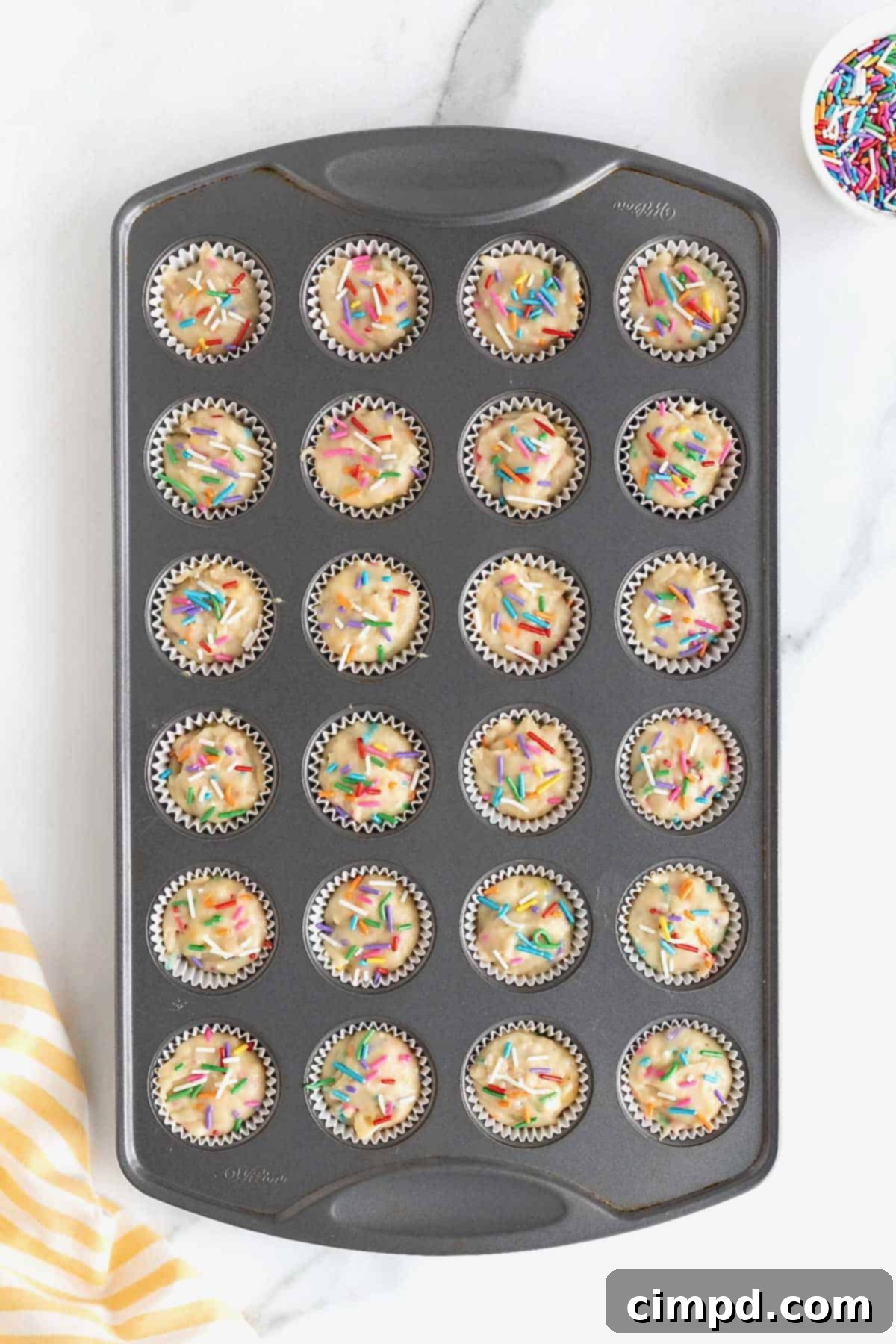 Confetti muffin batter perfectly scooped into a dark aluminum mini muffin pan, ready for baking.