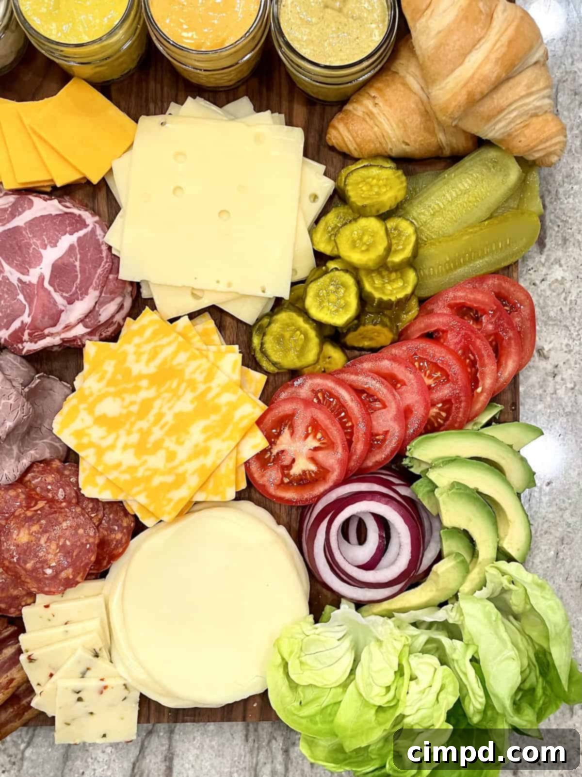 Craft Your Perfect Sandwich Board 4 A vibrant Build-Your-Own Sandwich Board laden with an assortment of breads, meats, cheeses, vegetables, and spreads.