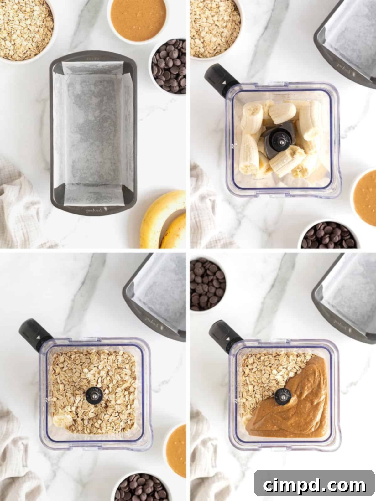 A visual guide showing the initial steps to make 4-Ingredient Flourless Chocolate Chip Banana Bread, including blending ingredients.