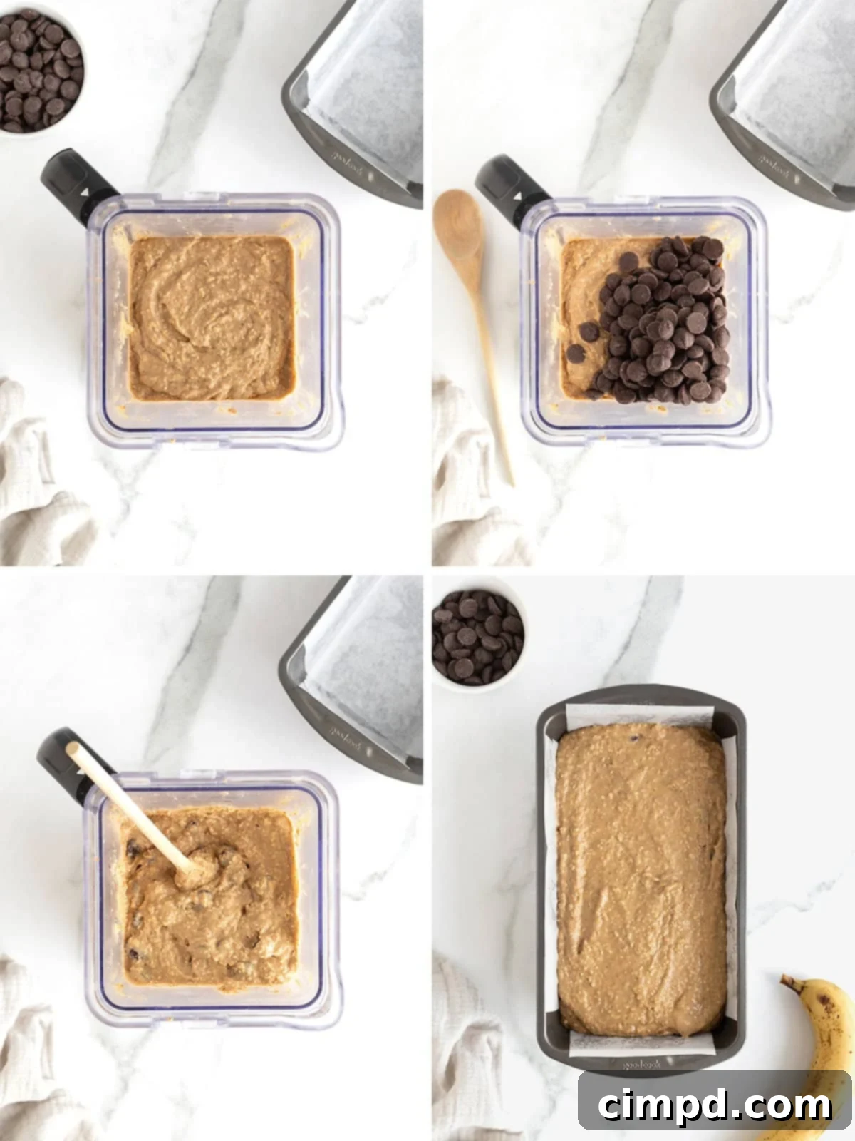 A step-by-step image demonstrating the process of making flourless chocolate chip banana bread, from blending to pouring into the loaf pan.