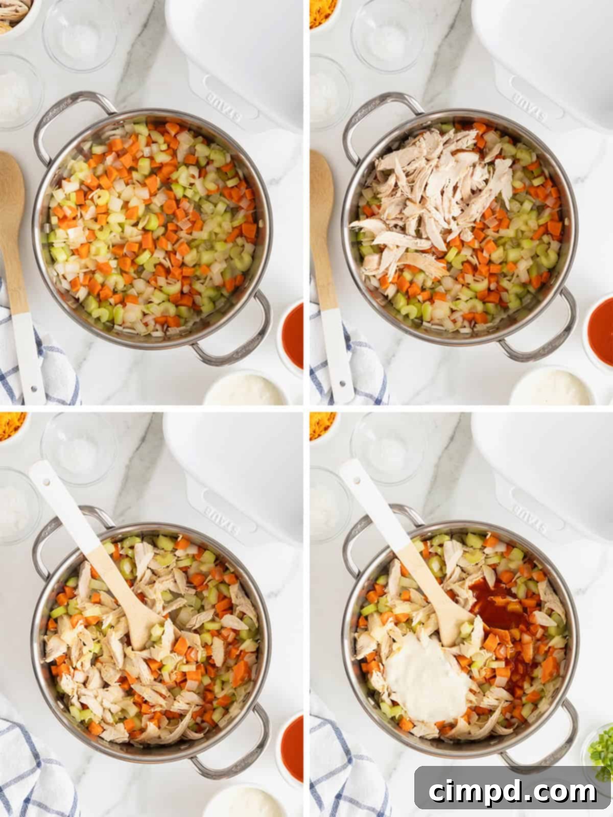 Visual steps illustrating the preparation of Buffalo Chicken Biscuit casserole, including sautéing vegetables and combining ingredients for the filling.