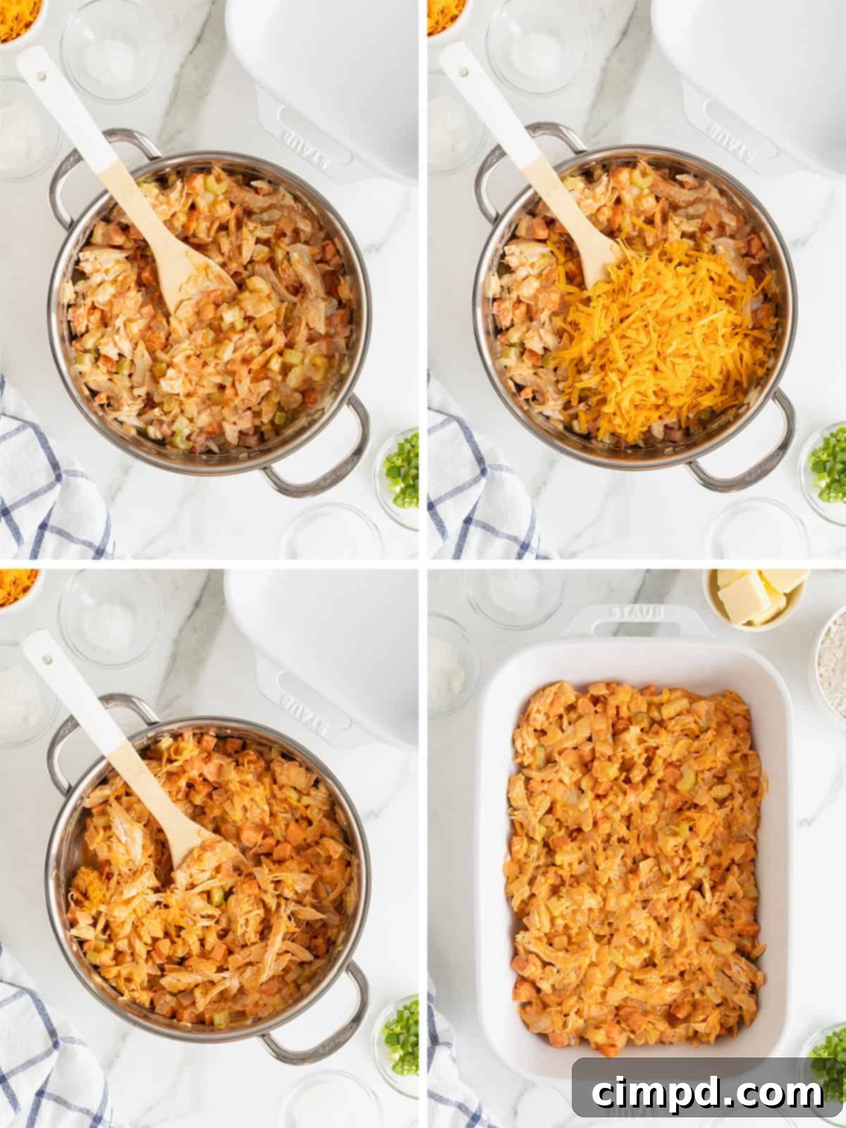 Further steps in making Buffalo Chicken Biscuit Bake, showing the prepared filling spread in a baking dish.
