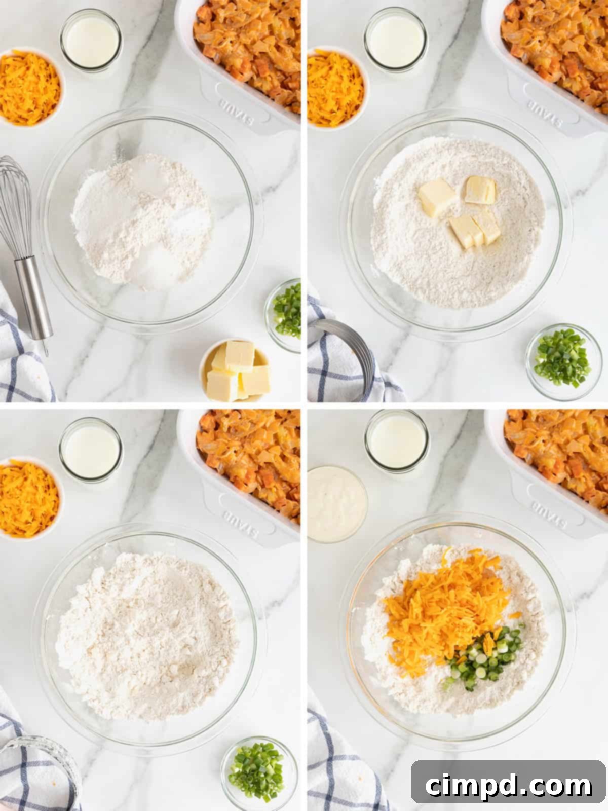 The process of preparing the biscuit topping for Buffalo Chicken Biscuit Bake, including mixing dry ingredients and cutting in butter.
