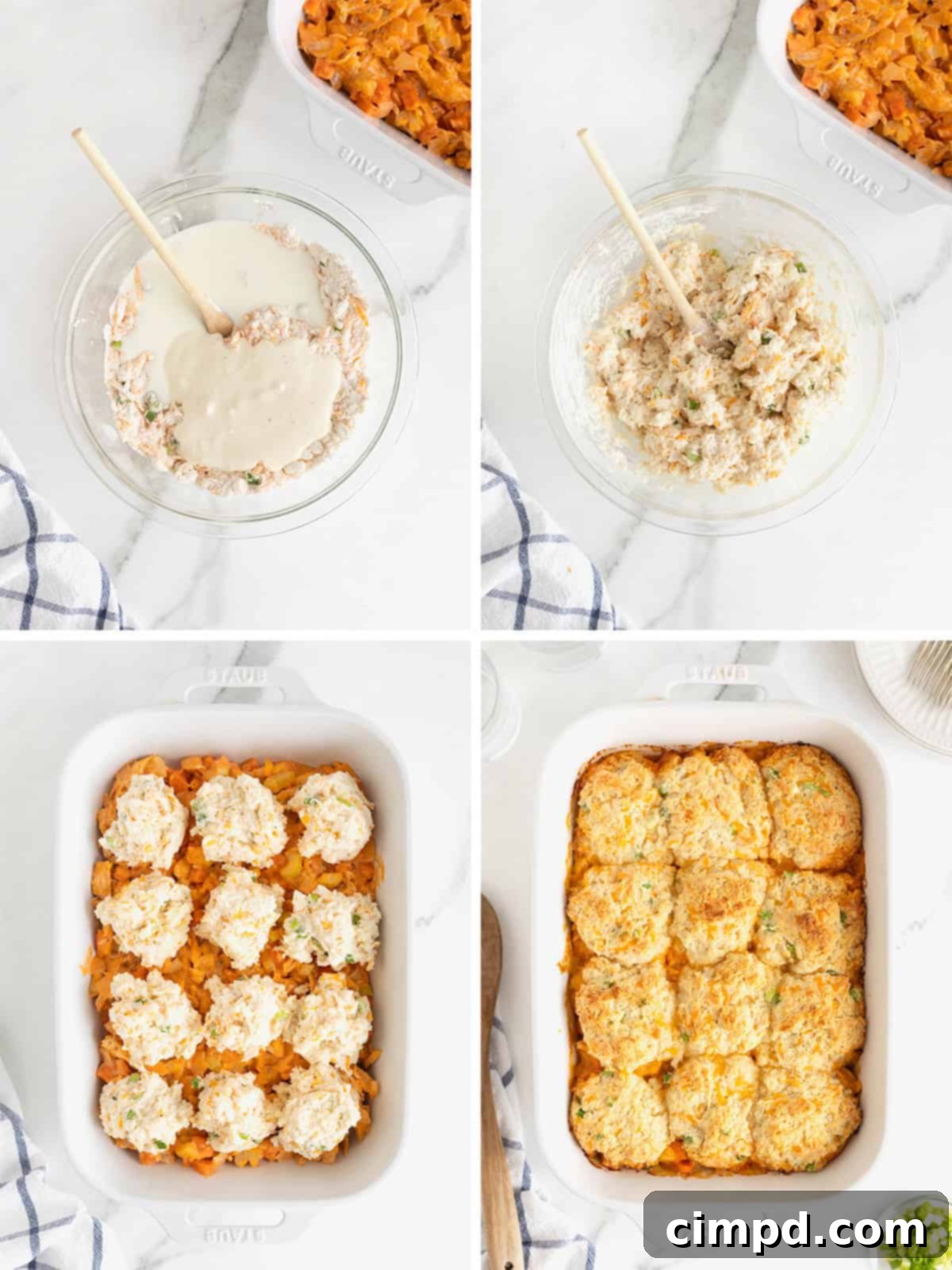 Final steps in making Buffalo Chicken Biscuit Bake, showing the biscuit dough being dropped onto the chicken mixture before baking.