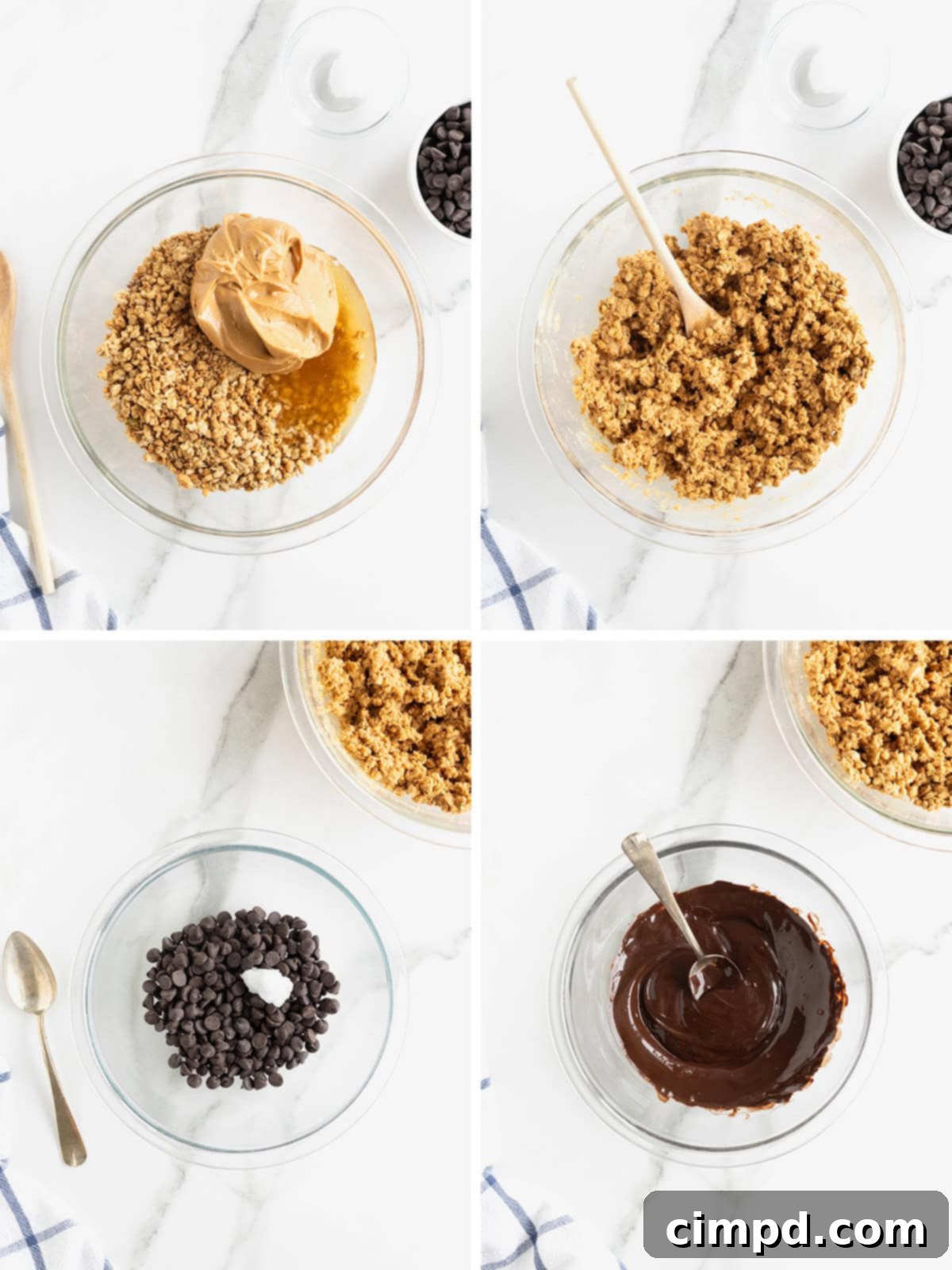 Steps to make dark chocolate peanut butter balls, showing the mixing of ingredients and melting of chocolate.