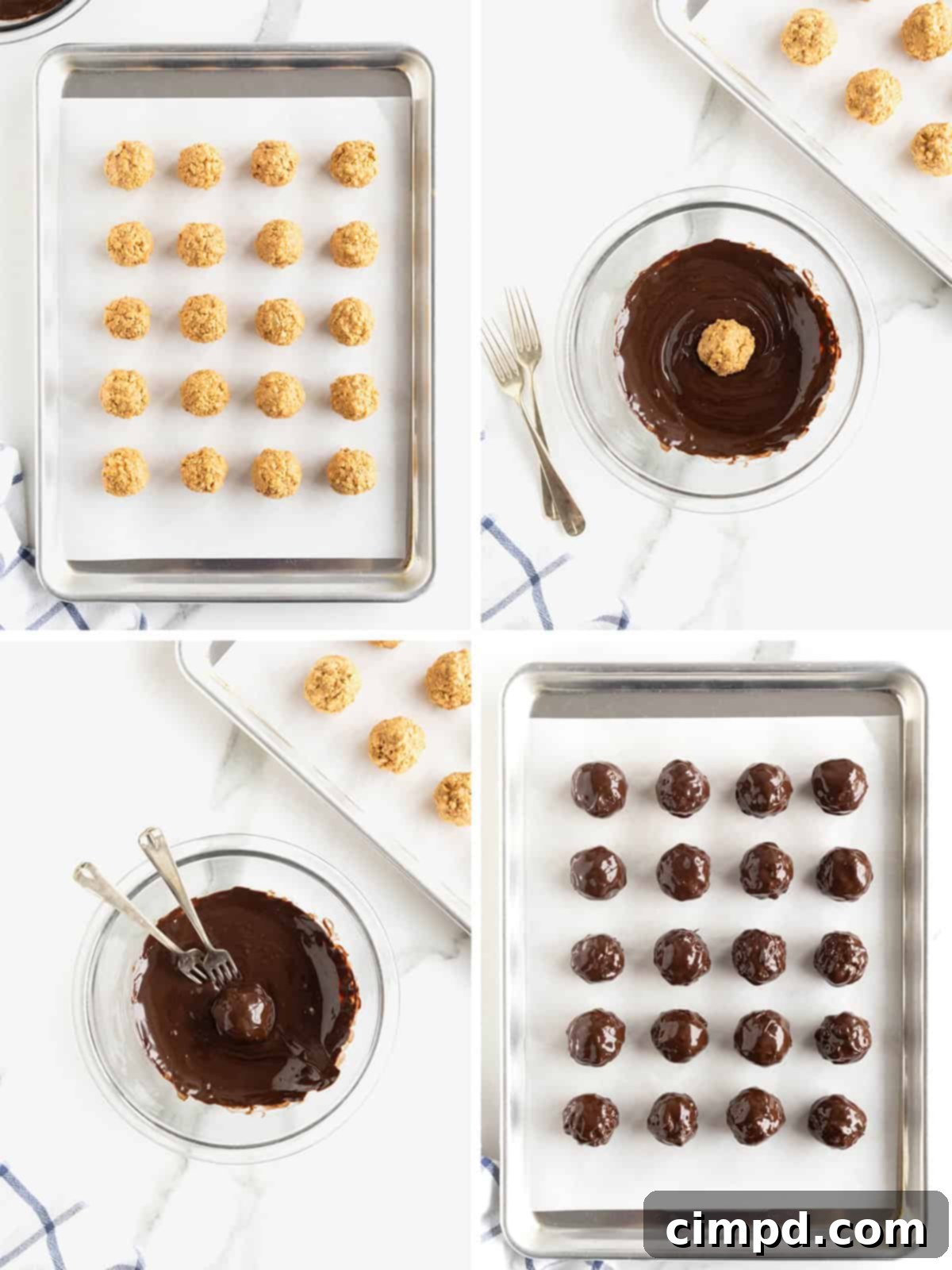 Steps to make dark chocolate peanut butter balls, showing the rolling and dipping process.