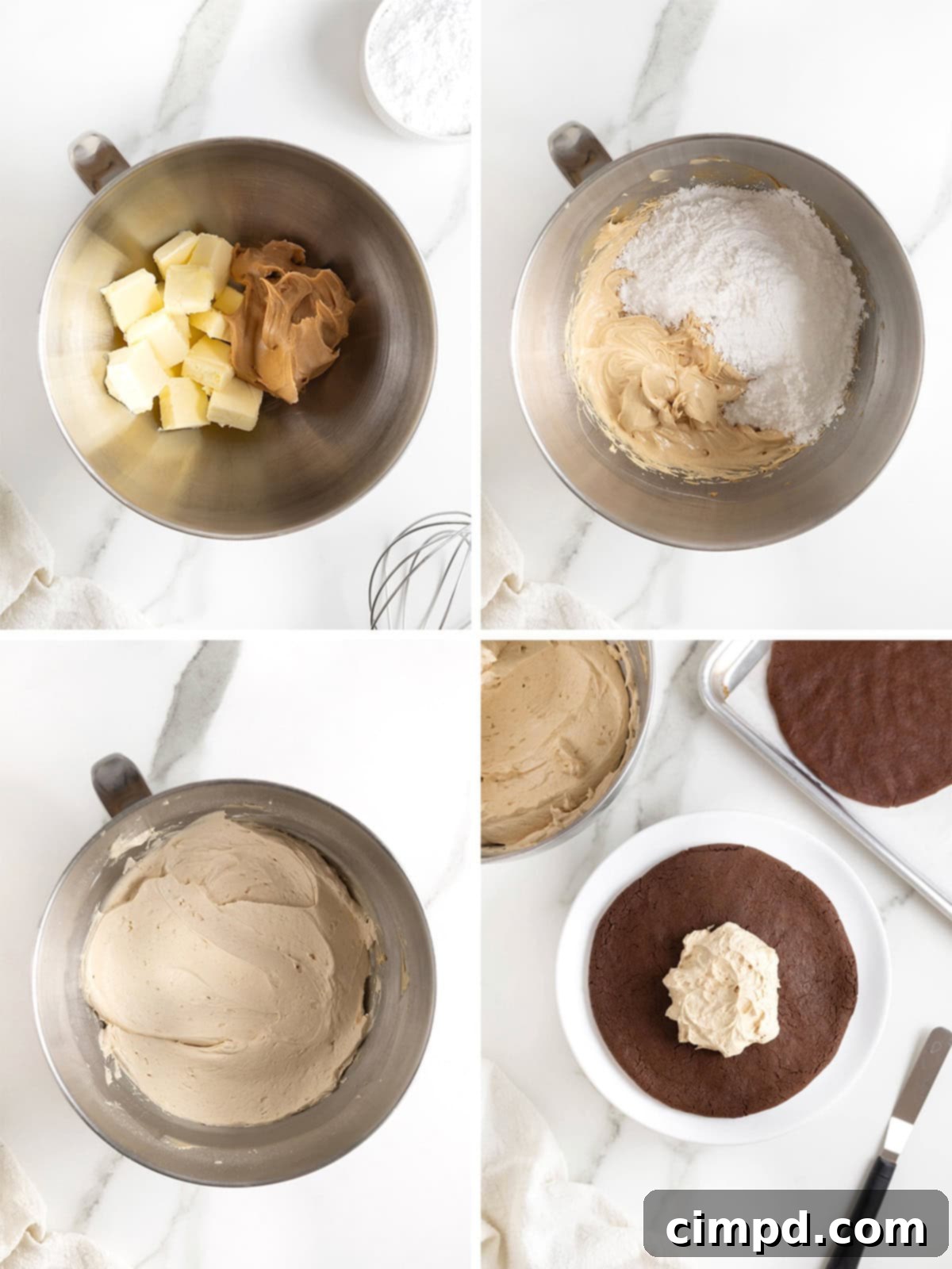 Decadent Peanut Butter Chocolate Cookie Tower 10 Assembling the layered cookie cake: spreading creamy peanut butter filling between chocolate cookie layers.