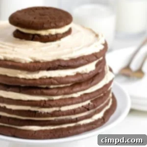 Decadent Peanut Butter Chocolate Cookie Tower 14 A chocolate peanut butter layered cookie cake on a white cake stand.