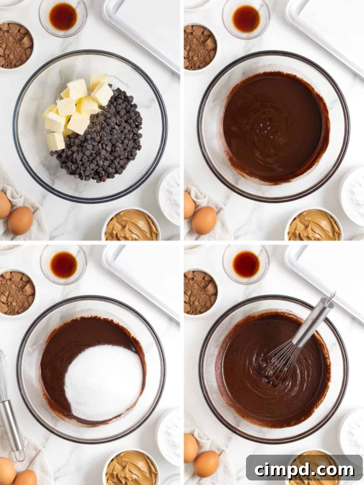 Decadent Peanut Butter Chocolate Cookie Tower 8 First steps in making chocolate peanut butter layered cookie cake, showing melted butter and chocolate, and whisking in sugar.