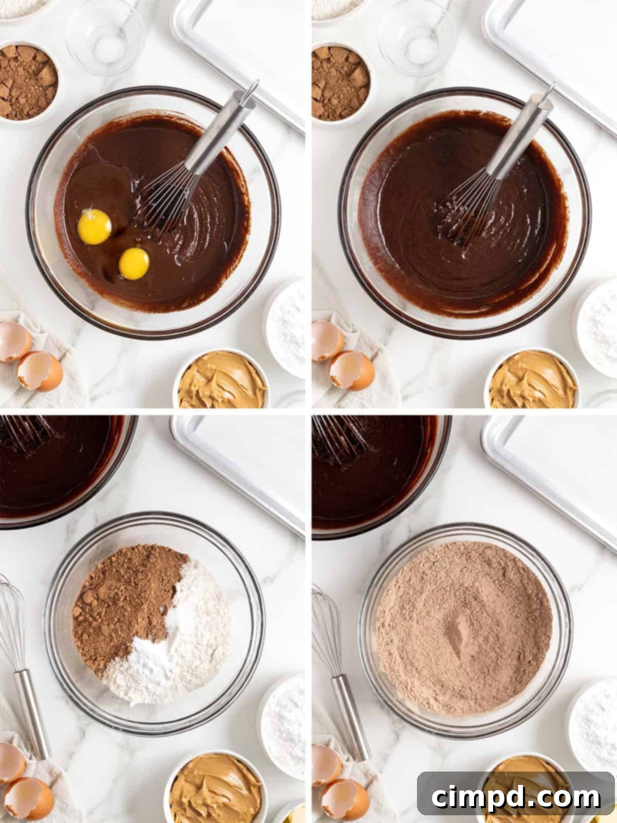 Decadent Peanut Butter Chocolate Cookie Tower 9 Mixing dry ingredients with wet ingredients for chocolate cookie dough, and forming dough balls on a baking sheet.