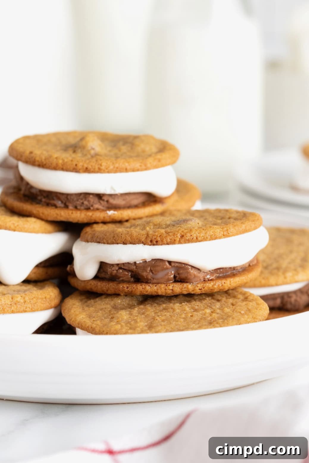 S'mores ice cream sandwiches piled on a rimmed white serving platter.