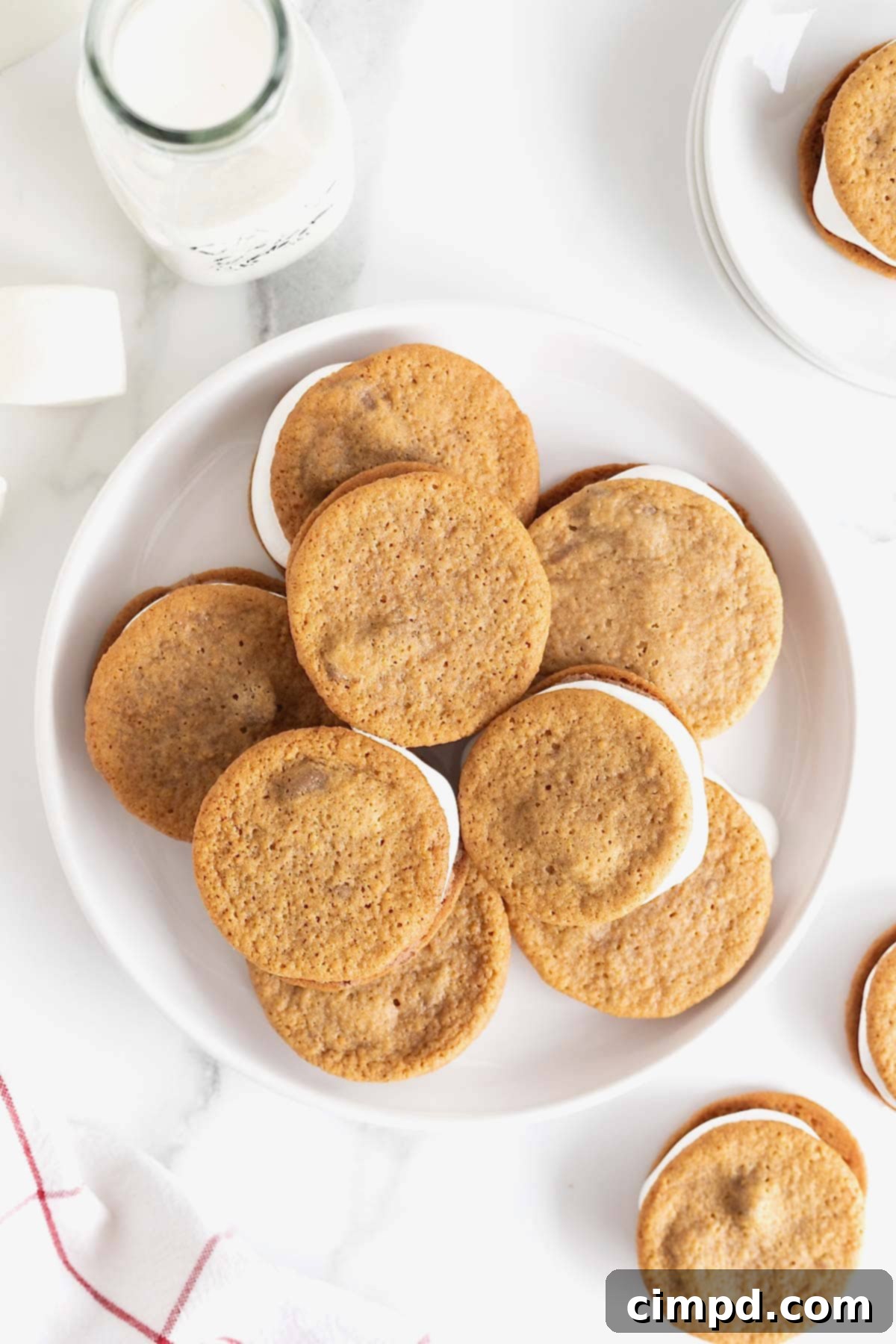 A white rimmed serving platter piled with s'mores ice cream sandwiches.