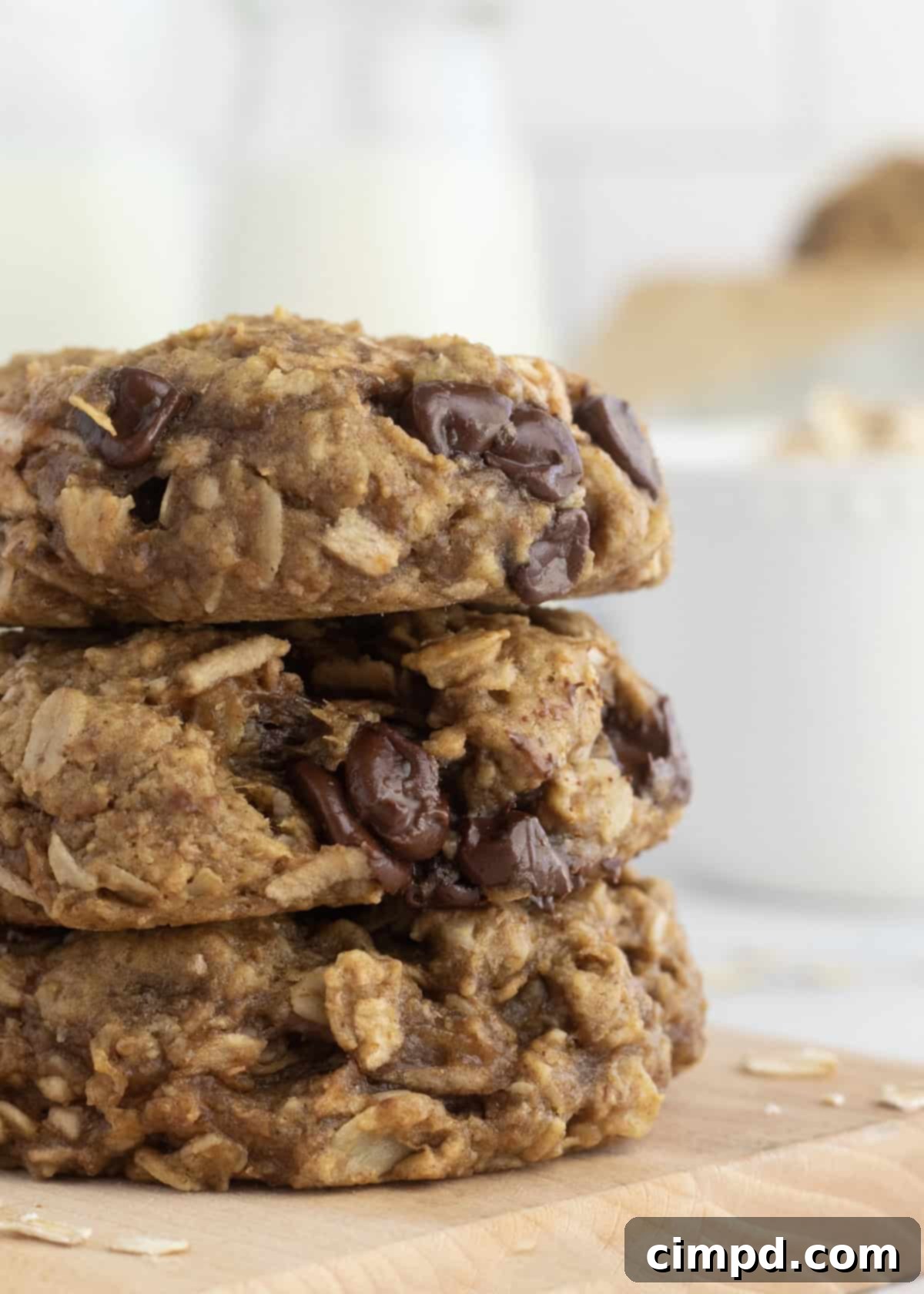 Three breakfast cookies stacked on a wooden cutting board.