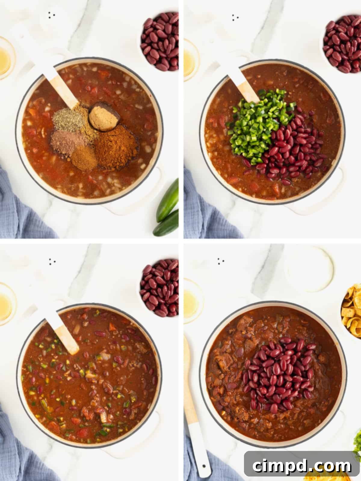 The Gold Standard Chili 8 A visual step-by-step guide illustrating the later stages of making the best homemade chili, focusing on seasoning, adding beans, and the simmering process in a large Dutch oven.