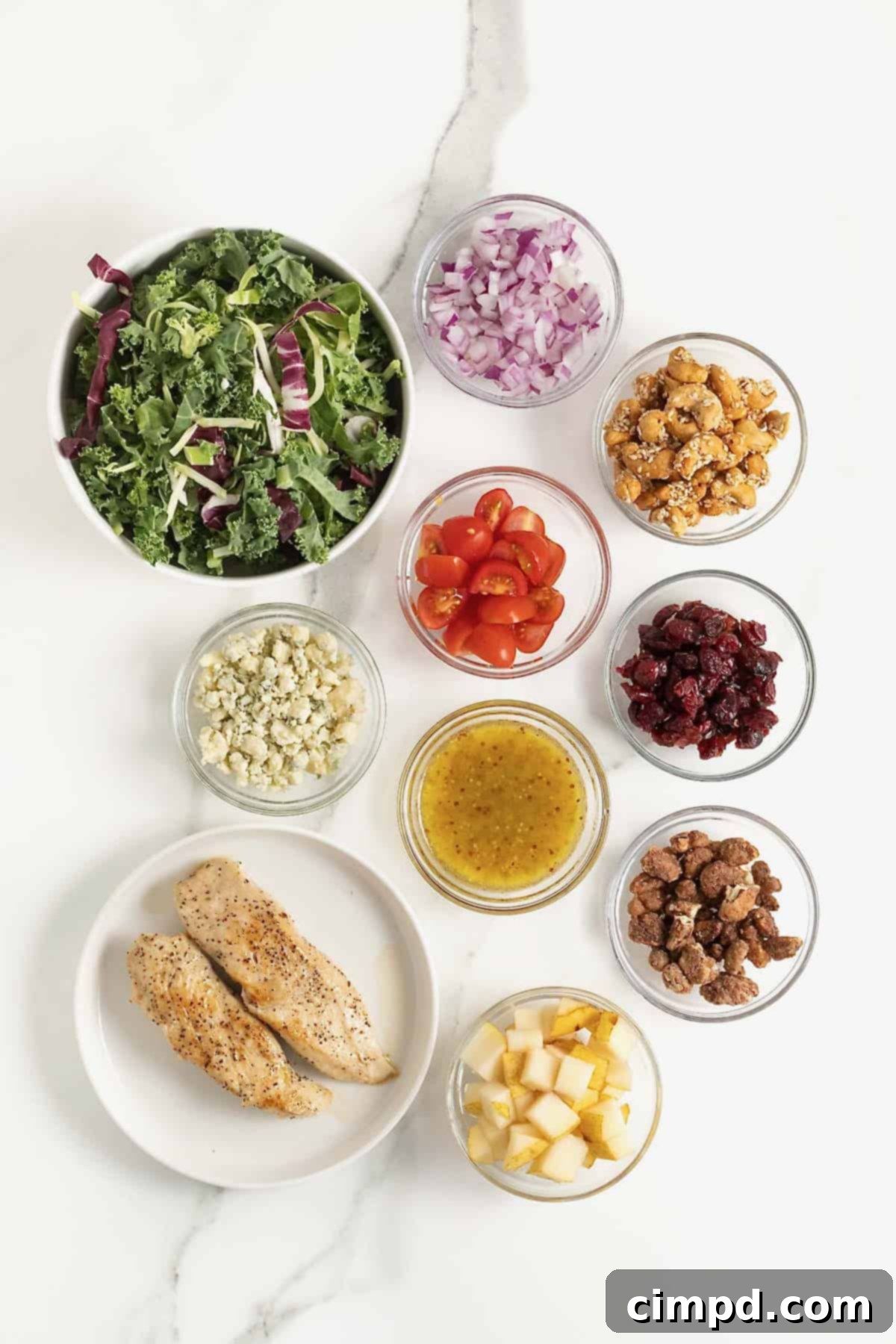 Quick 5-Minute Lunch Salad 5 Ingredients to make my favorite lunch salad in small glass dishes on a white marble counter.