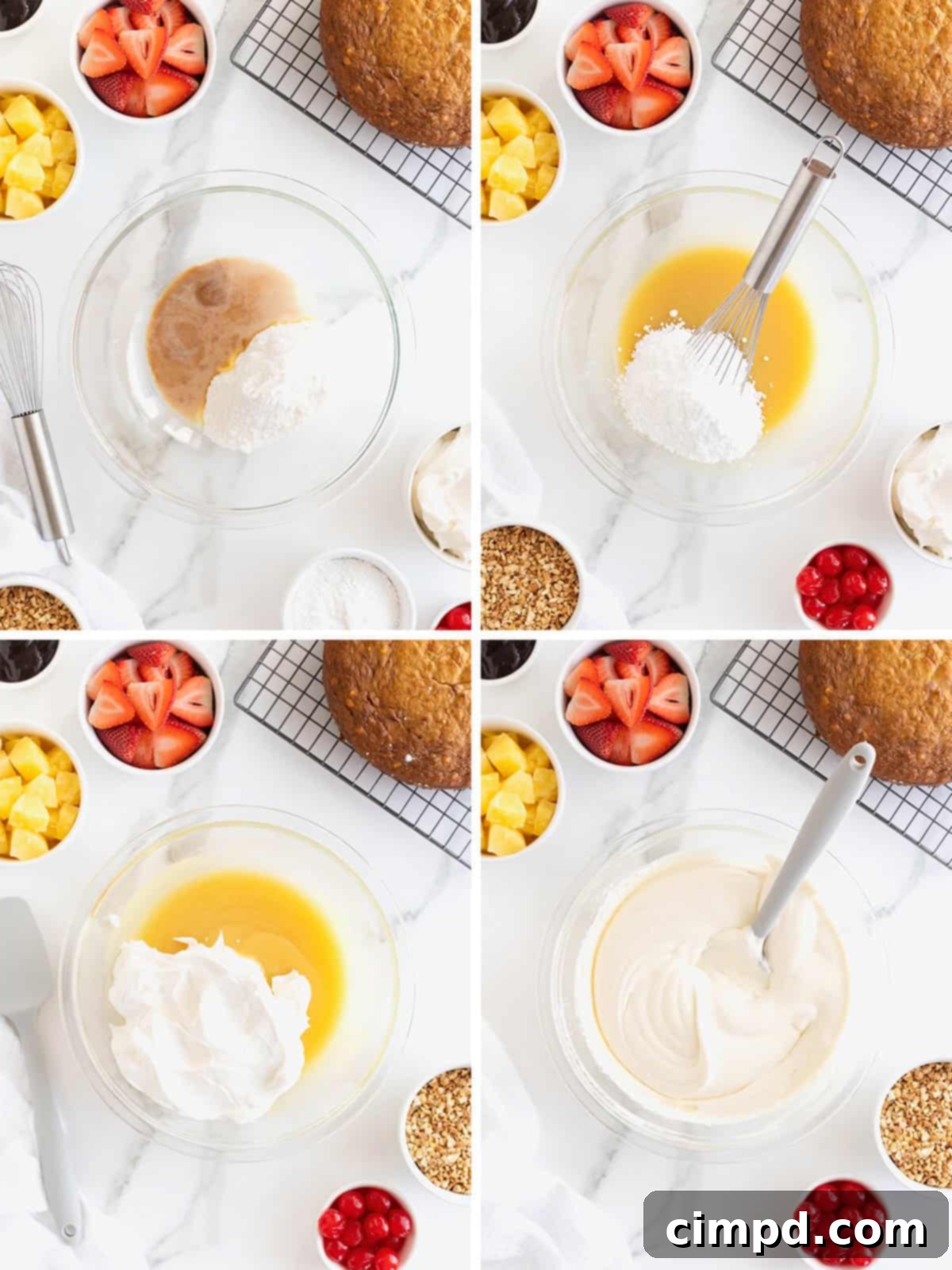 Banana Split Dream Cake 8 Visual steps demonstrating the preparation of the luscious frosting for a Banana Split Cake.