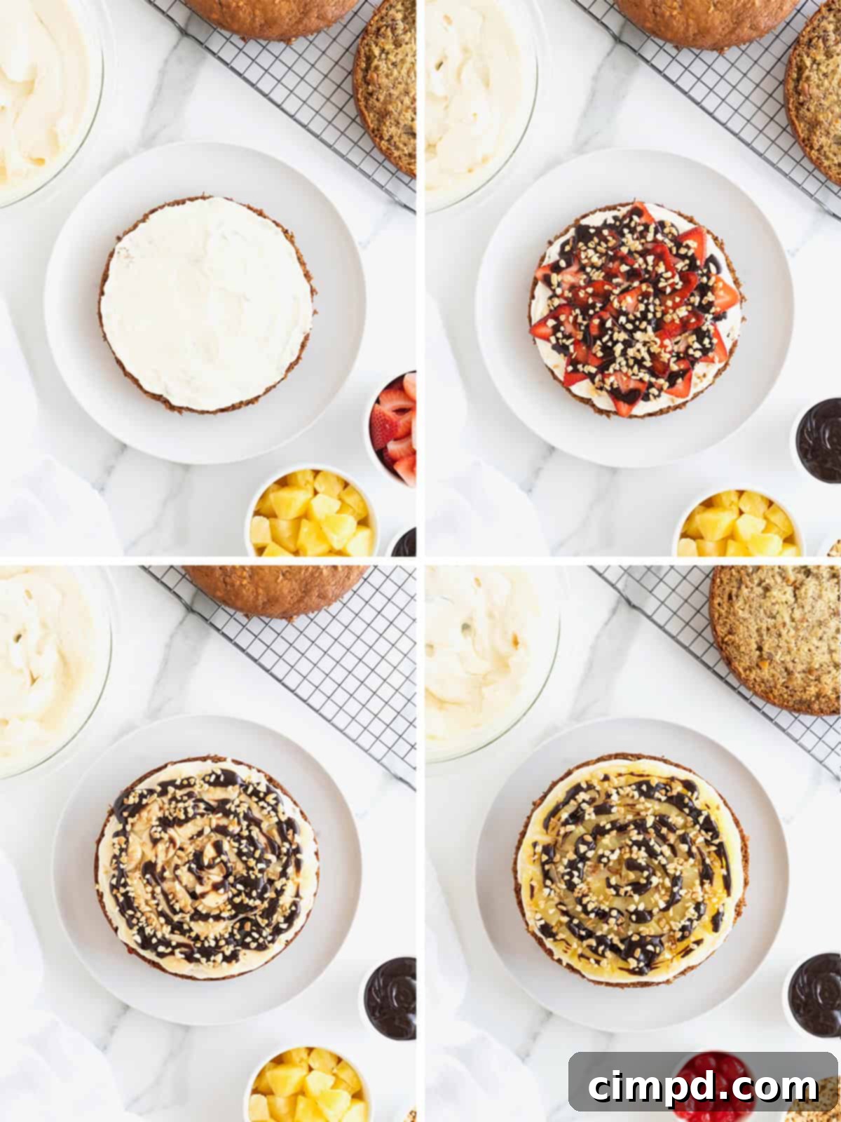 Banana Split Dream Cake 9 Detailed steps showing the assembly of the Banana Split Cake, layer by delicious layer.