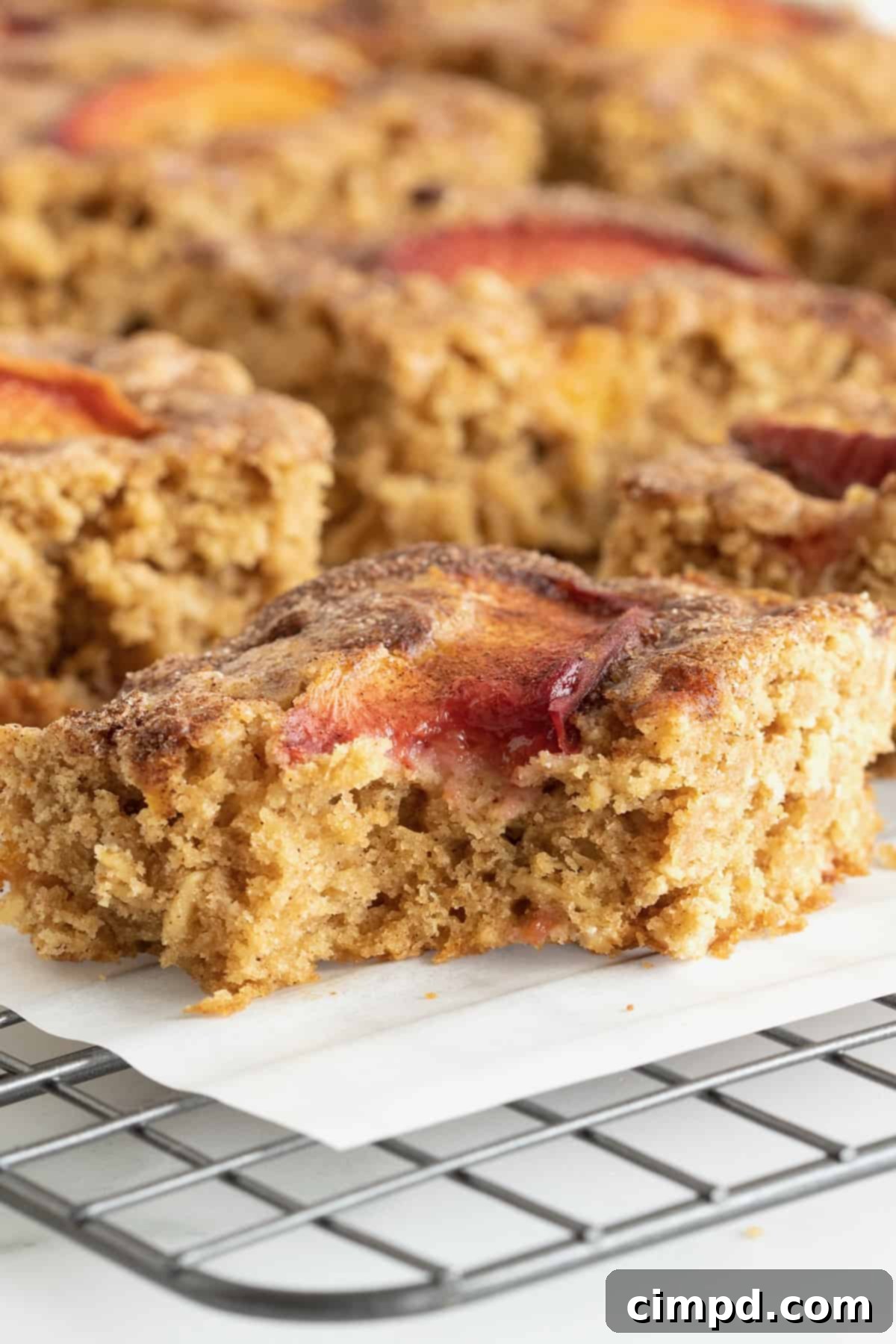 Chewy oatmeal bars adorned with fresh peach slices, resting on a parchment-lined cooling rack after baking.
