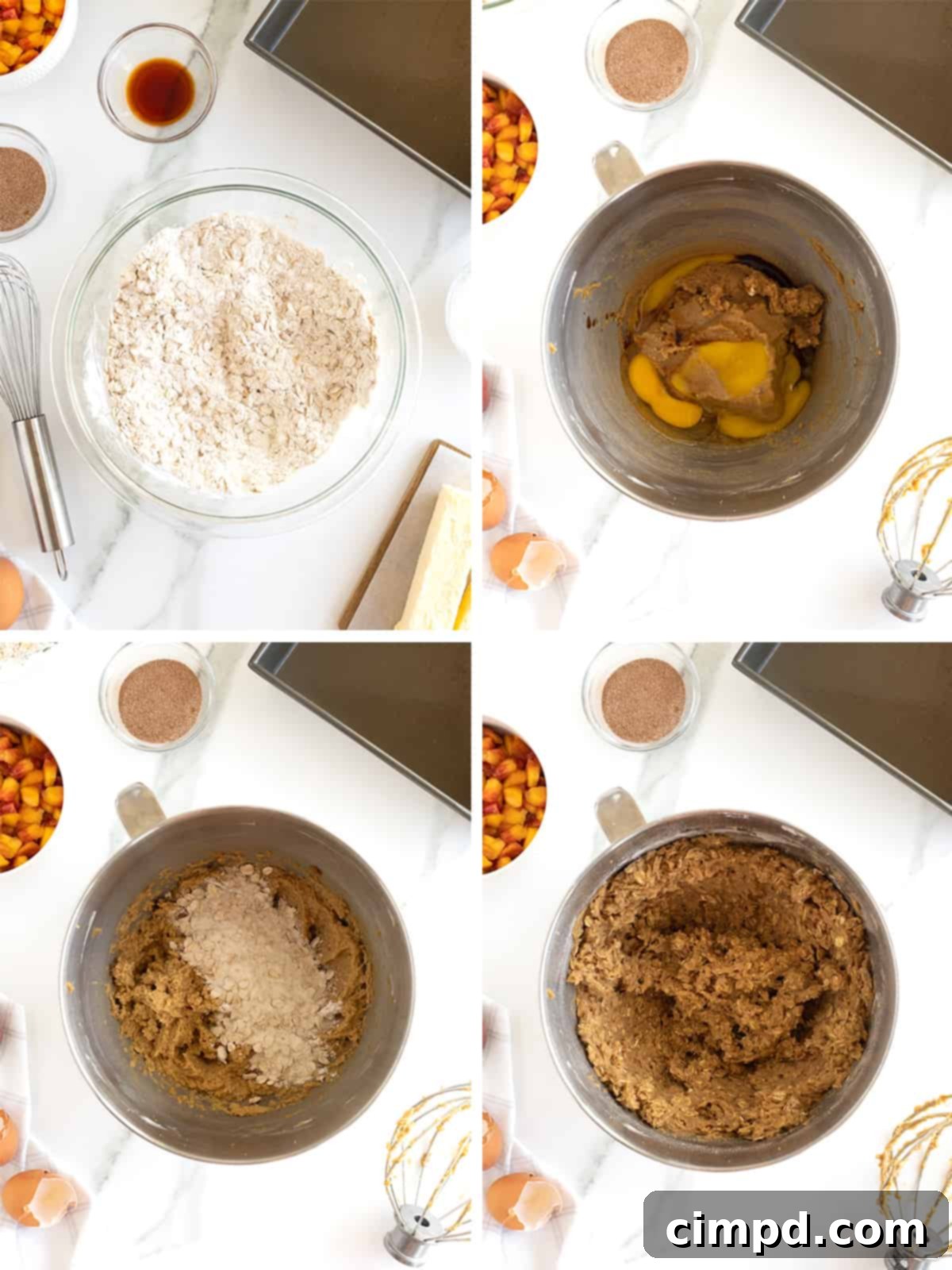 A visual guide showing the initial steps to prepare the batter for peach oatmeal bars, including mixing dry and wet ingredients.