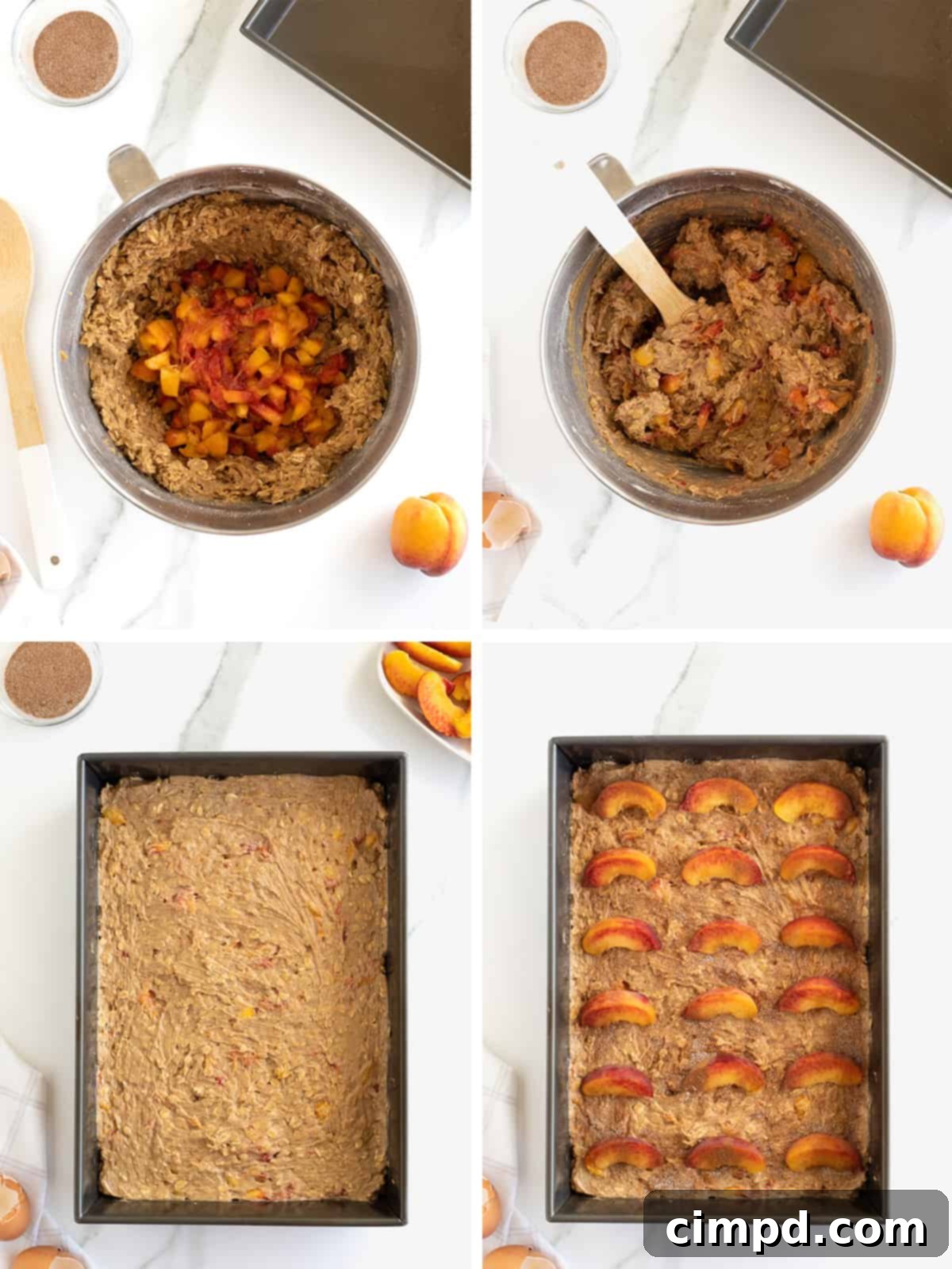 The process of preparing peach oatmeal bars, showing the batter spread in a pan, topped with peach slices and cinnamon sugar, ready for baking.
