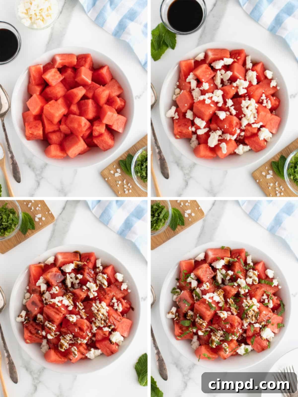 A vibrant bowl of Watermelon Feta Salad ready to be served.