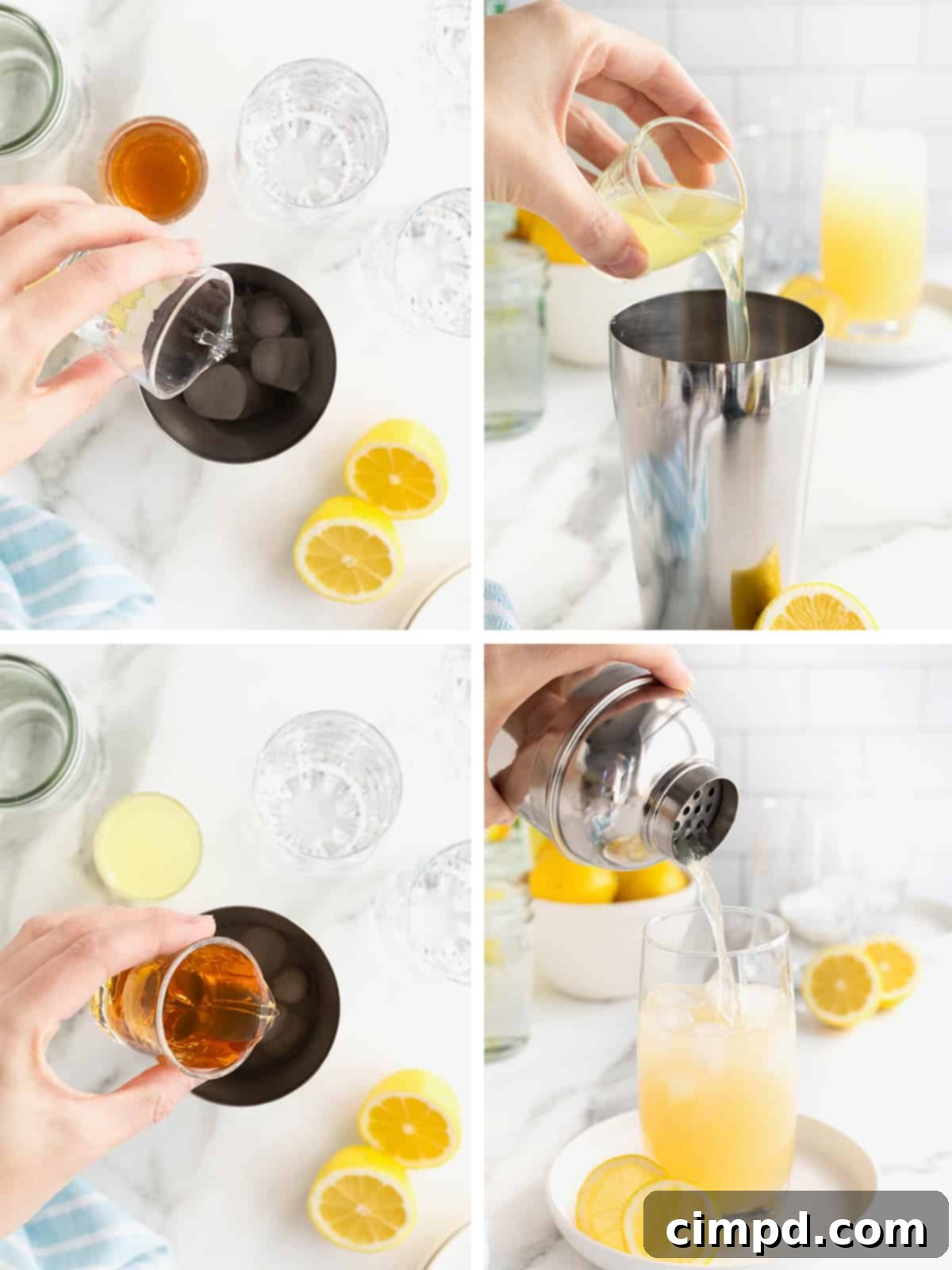A sequence of images showing the steps to make a Zesty Lemonade Cocktail: mixing ingredients in a shaker, shaking with ice, and straining into a glass.