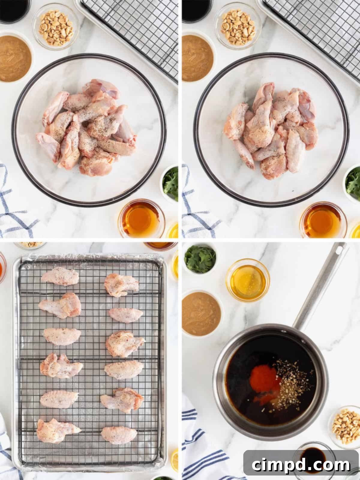 A visual step-by-step guide showing the preparation and baking stages of Crispy Asian Chicken Wings.