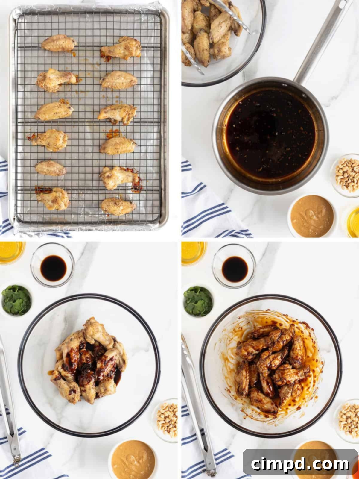 A two-part visual guide detailing the final steps for preparing Crispy Asian Chicken Wings and the accompanying peanut dipping sauce.