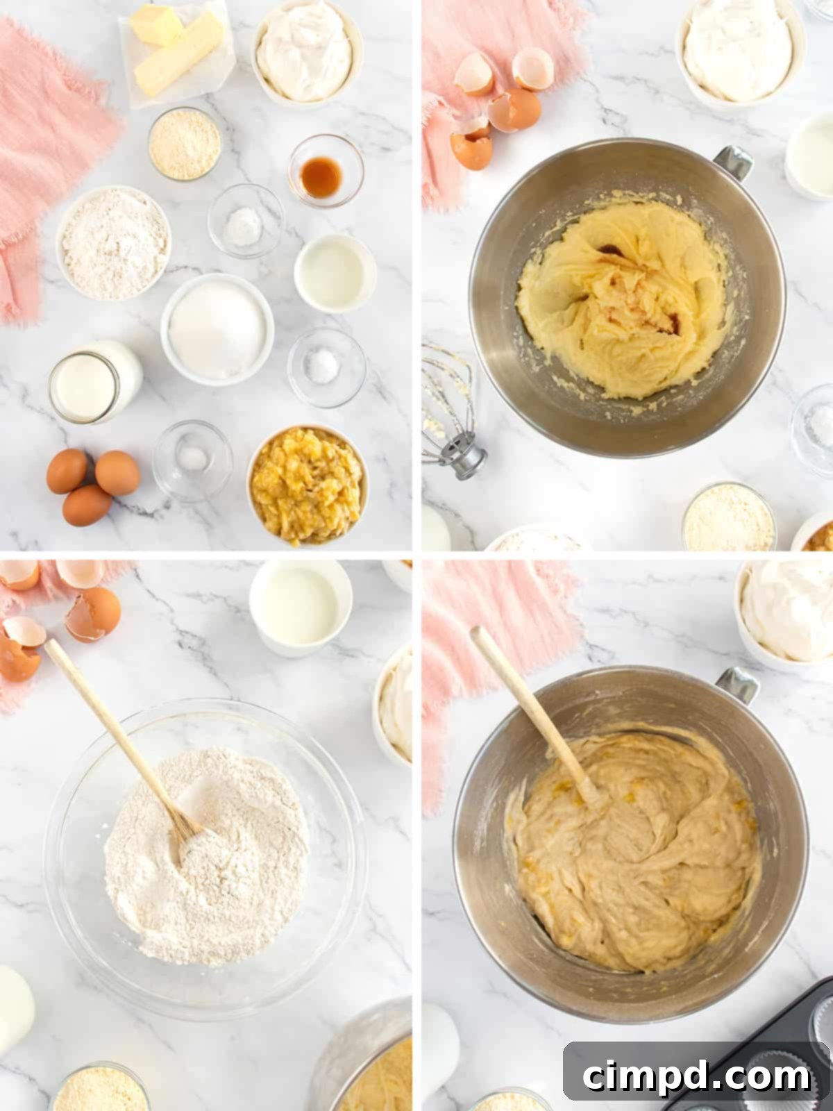 The process of preparing Banana Pudding Cupcakes, showing batter being mixed with mashed bananas