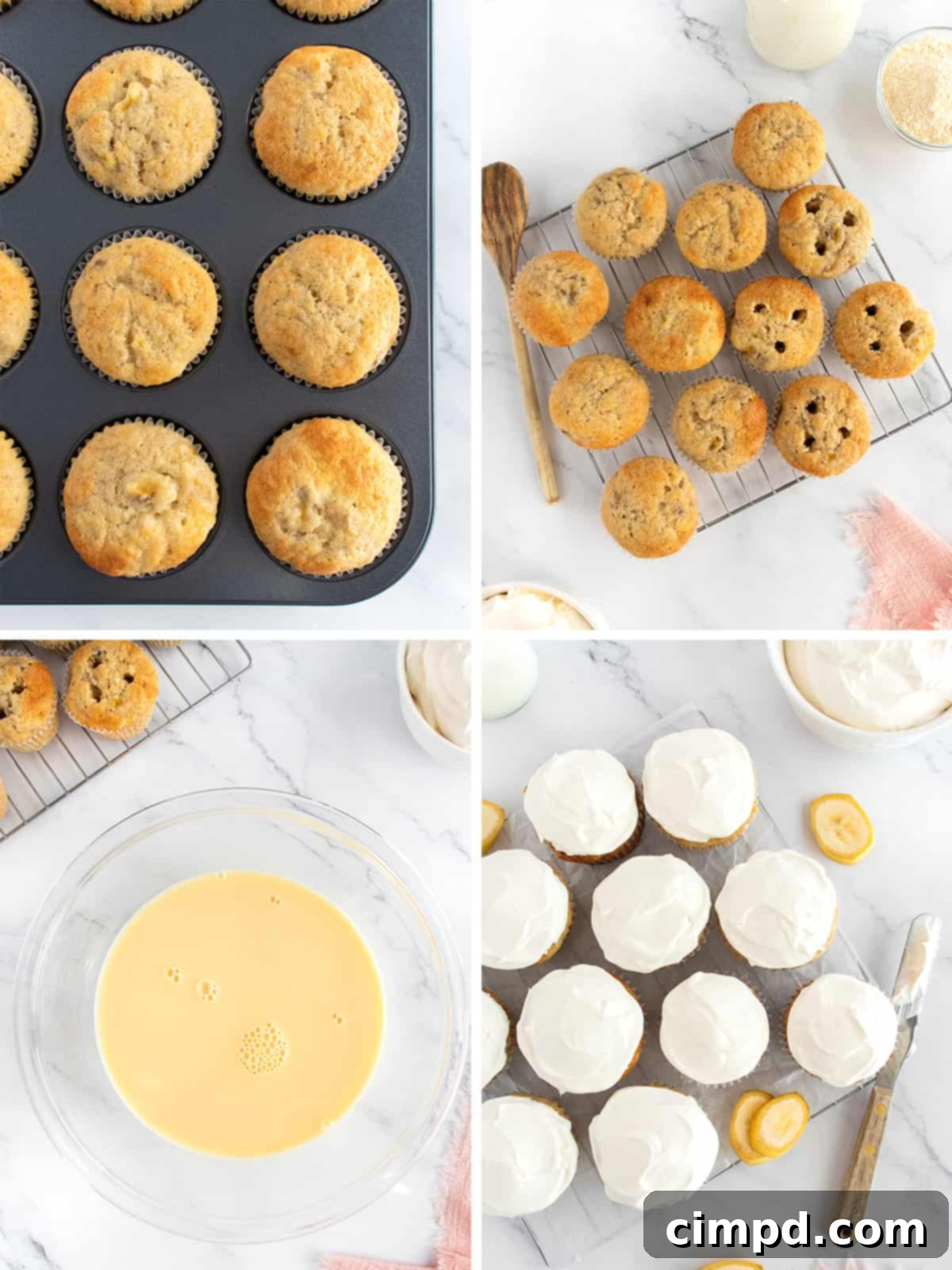 Finished Banana Pudding Cupcakes ready to be served, showcasing the creamy filling and whipped topping