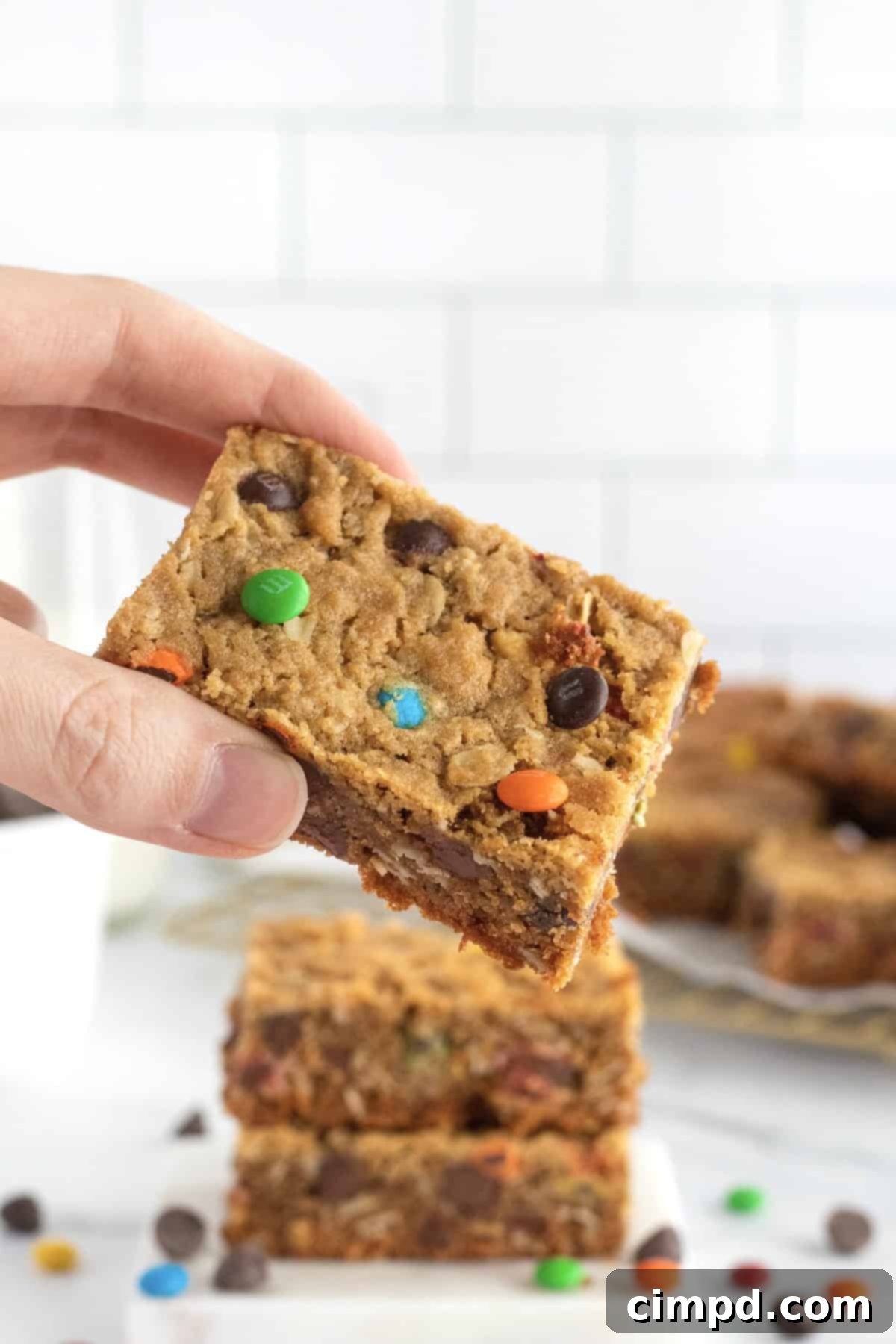 Close-up of Monster Cookie Bars showcasing their rich ingredients